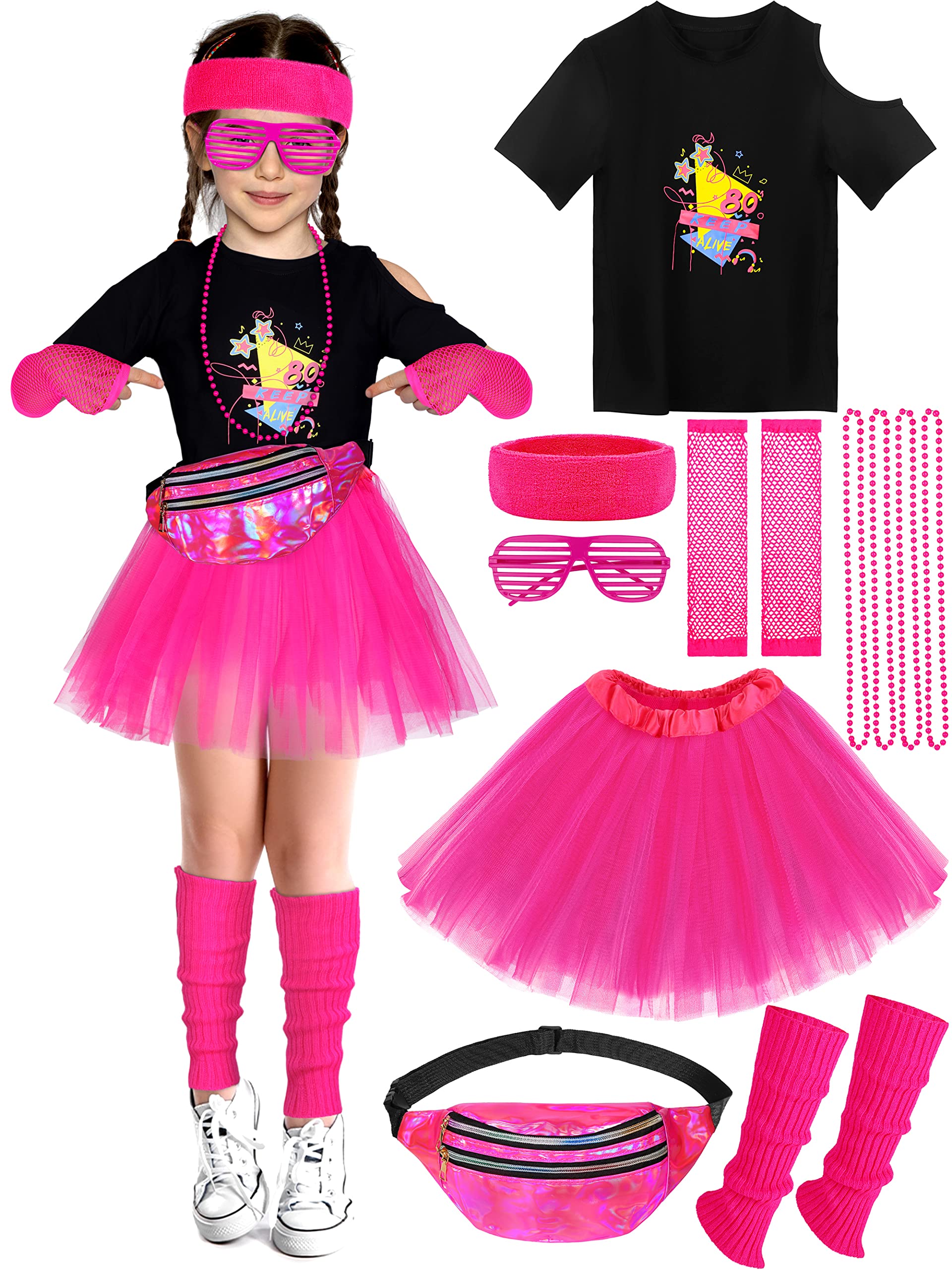 SOMSOC 13 Pieces Kids 80s Costume Accessories Set Girl's 80s Cosplay T-shirt Tutu Outfit Headband Necklace Gloves Leg Warmer