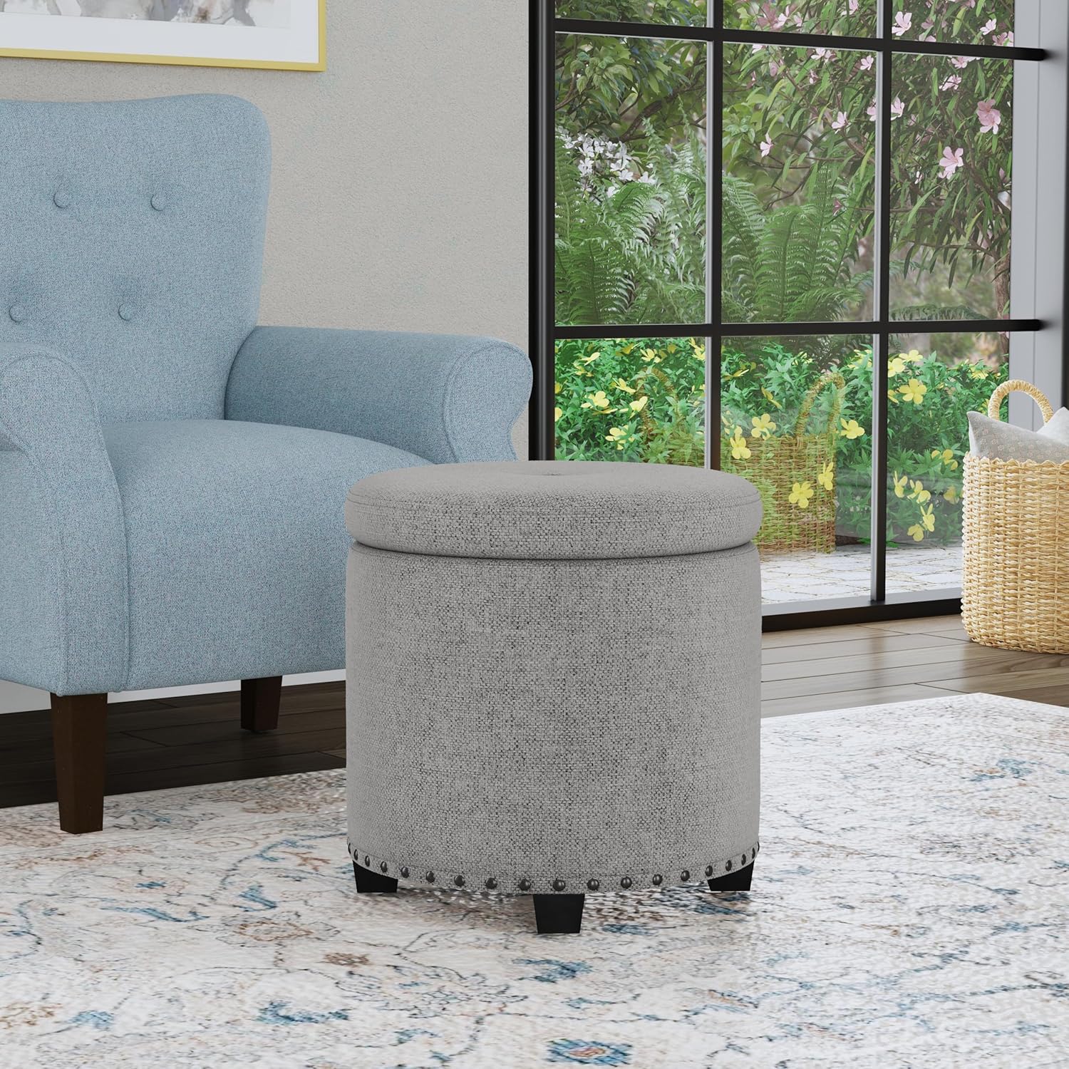 HomePop Home Decor | Upholstered Round Storage Ottoman with Nailheads| Ottoman with Storage for Living Room & Bedroom, Grey Woven