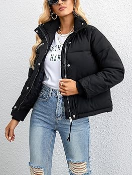 CAMNOW Womens Cropped Puffer Jacket Full Zip Quilted Jackets Warm