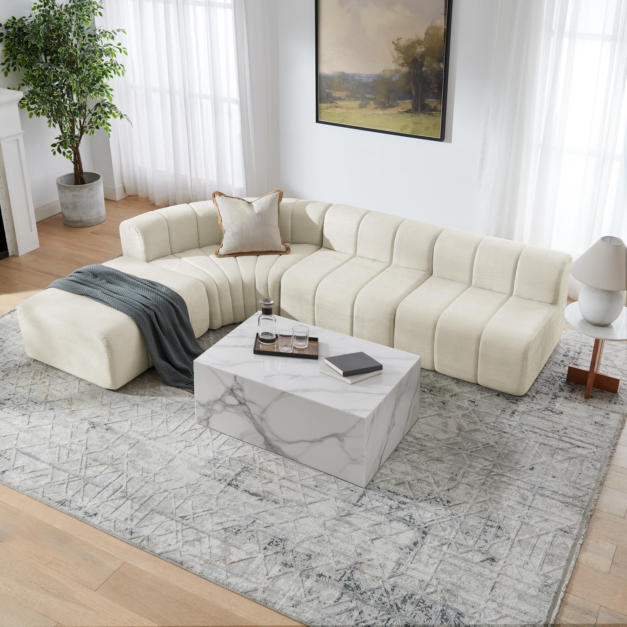 Sofá esquinero de compresión de 4 plazas con módulos combinables. Los módulos sin respaldo se pueden utilizar como mesa de almacenamiento temporal, reposapiés o asiento individual, color beige