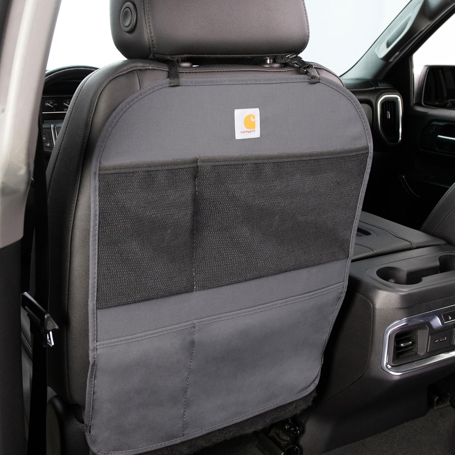 Covercraft Carhartt Universal Seat Back Organizer – Heavy-Duty Duck Weave Vehicle Seat Protector with Storage Pockets, Water-Resistant, Easy Install, Brown