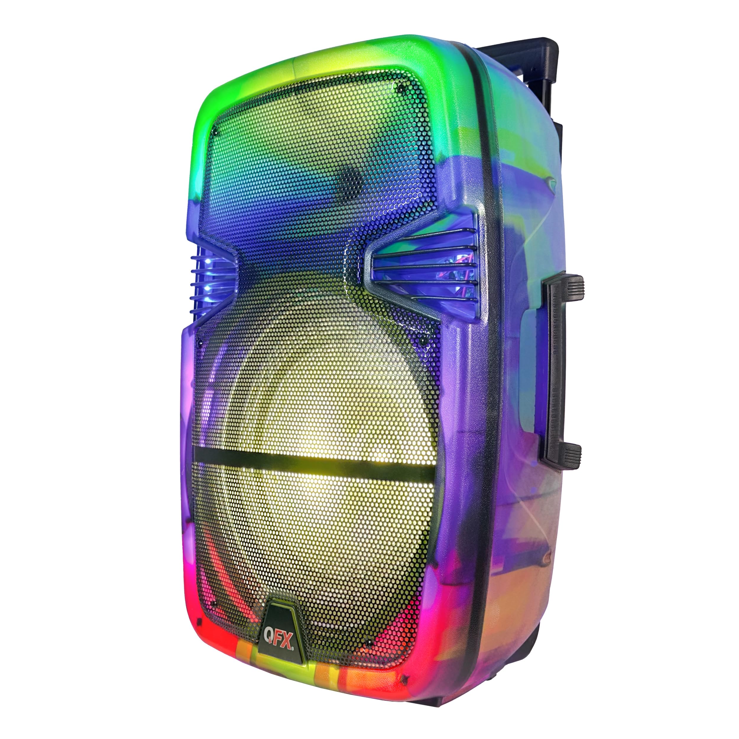 QFX 15" Portable Rechargable Bluetooth PA Karaoke Loud Party Speaker up to 5 Hour Playtime | Bluetooth 5.3, TWS, USB Port, TF, AUX, FM Radio, 360 Degree Translucent Motion Party Lights | TMS-1553
