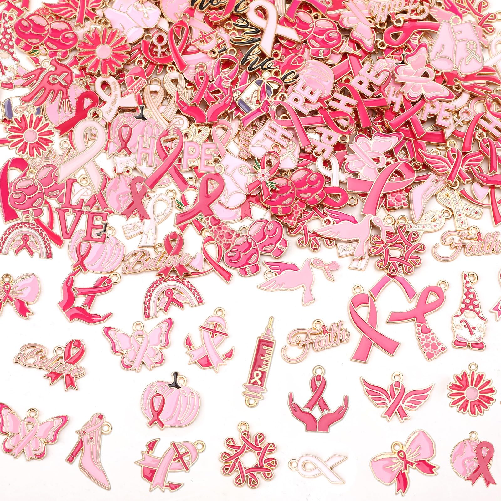 SANNIX 200Pcs Breast Cancer Charms for Jewelry Making, Pink Ribbon Cancer Awareness Charm Hope Pendants for Bracelets Necklaces Earrings Craft Making Accessories