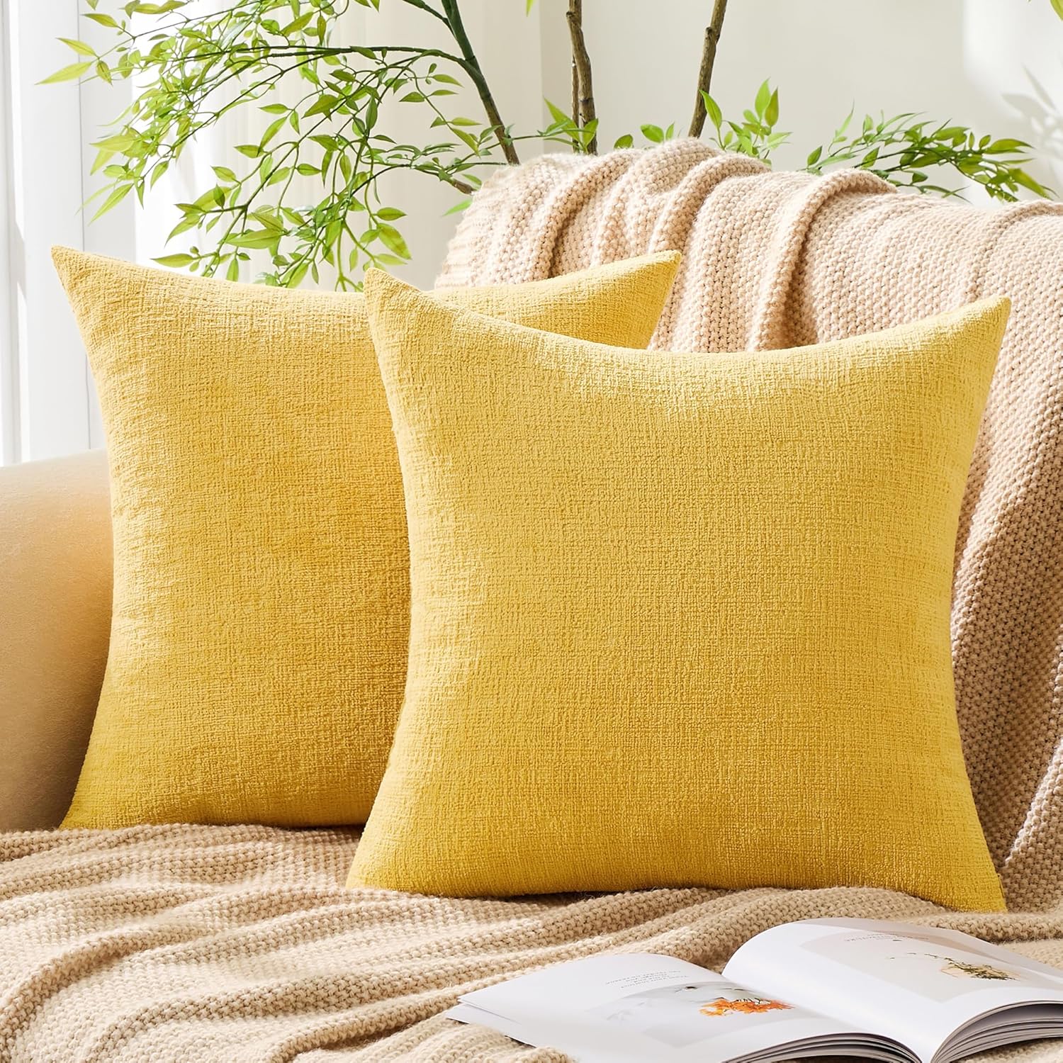 GAWAMAY Set of 2 Soft Textured Chenille Throw Pillow Covers 20x20 Inch (50x50 CM), Decorative Pillowcases Cushion Covers for Farmhouse Home Decor, Couch Living Room Sofa Bedroom Chair, Yellow