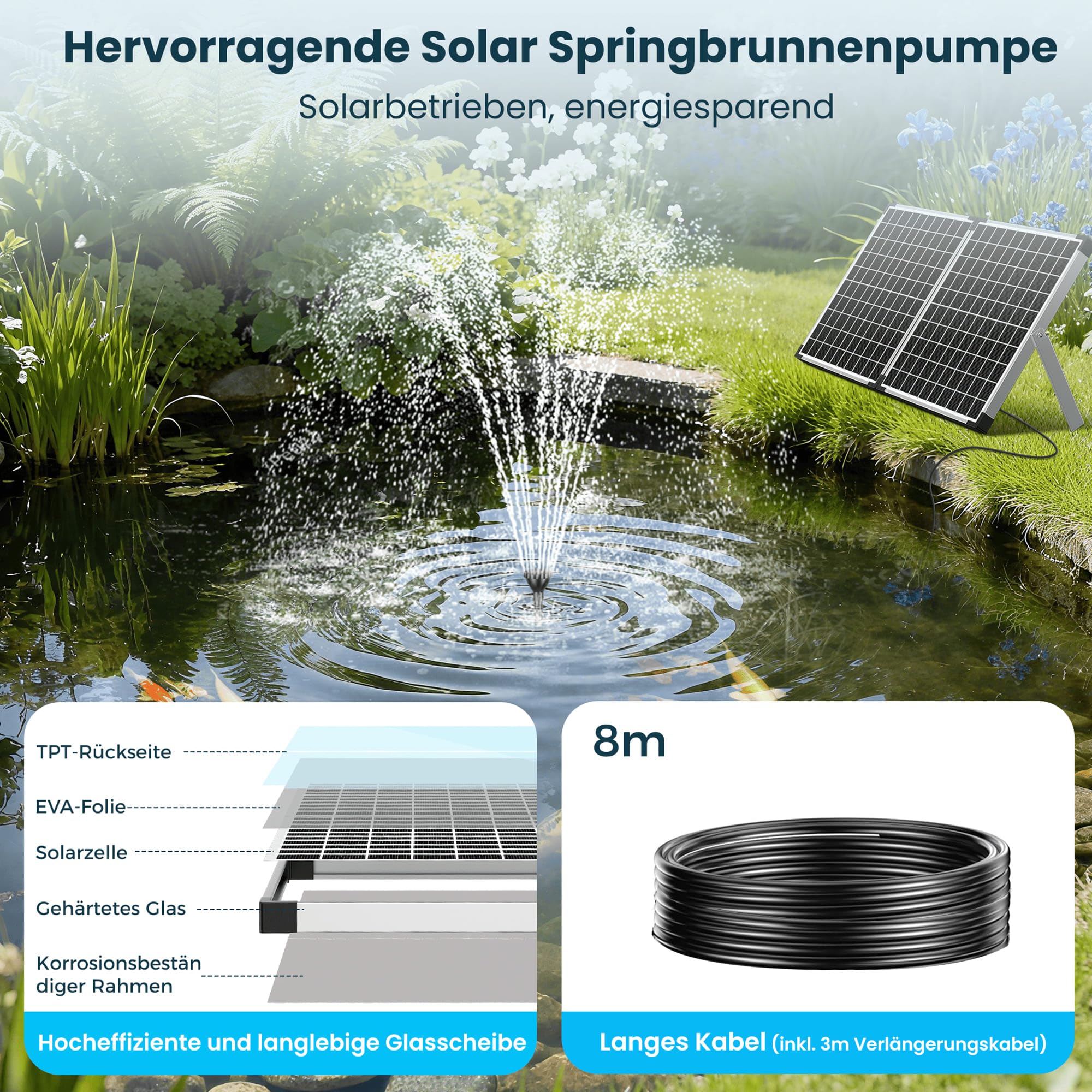 Biling Fuente solar de 50 W para exteriores con 3 boquillas, fuente solar de 2100 l/h para exteriores, grandes estanques de jardín, piscinas comerciales, cascadas, ventilación, flujo de agua ajustable