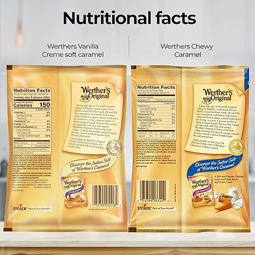 Miniatura 3 de Werthers Original Vanilla Creme - Caramelos suaves y caramelo masticable, paquete de 4 (2 de cada uno)  Caramelo suave Werthers envuelto