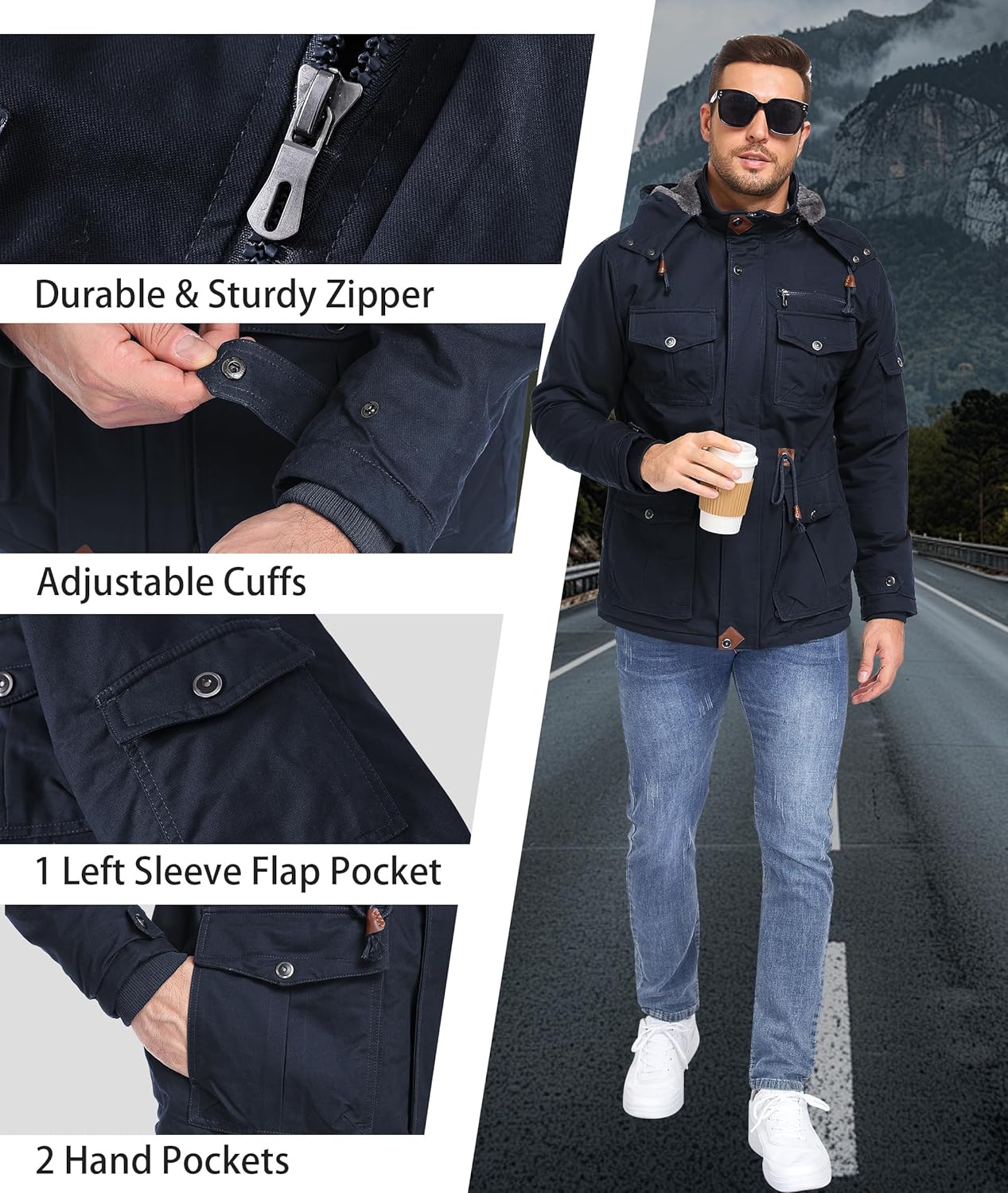 Winter Jackets for Men Fleece Lined Cotton Outdoor Winter Cargo Coats with Multi Pockets - Image 5