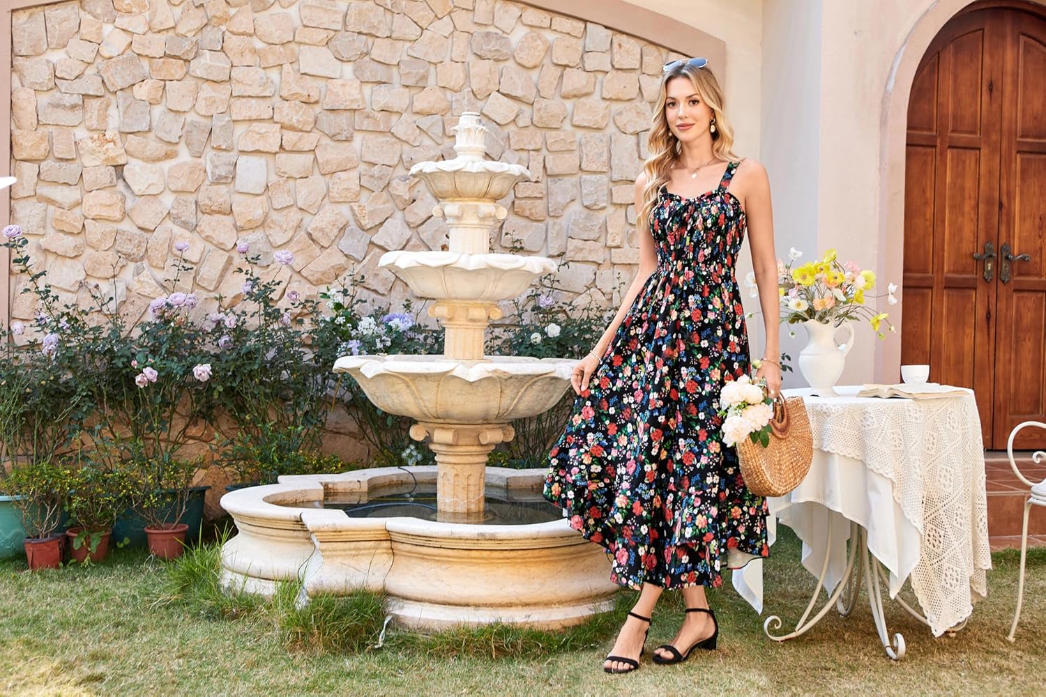 GRACE KARIN Women's 2025 Summer Floral Boho Dress Square Neck Strapped Swing A Line Sundress Beach Long Maxi Outfits - Image 5