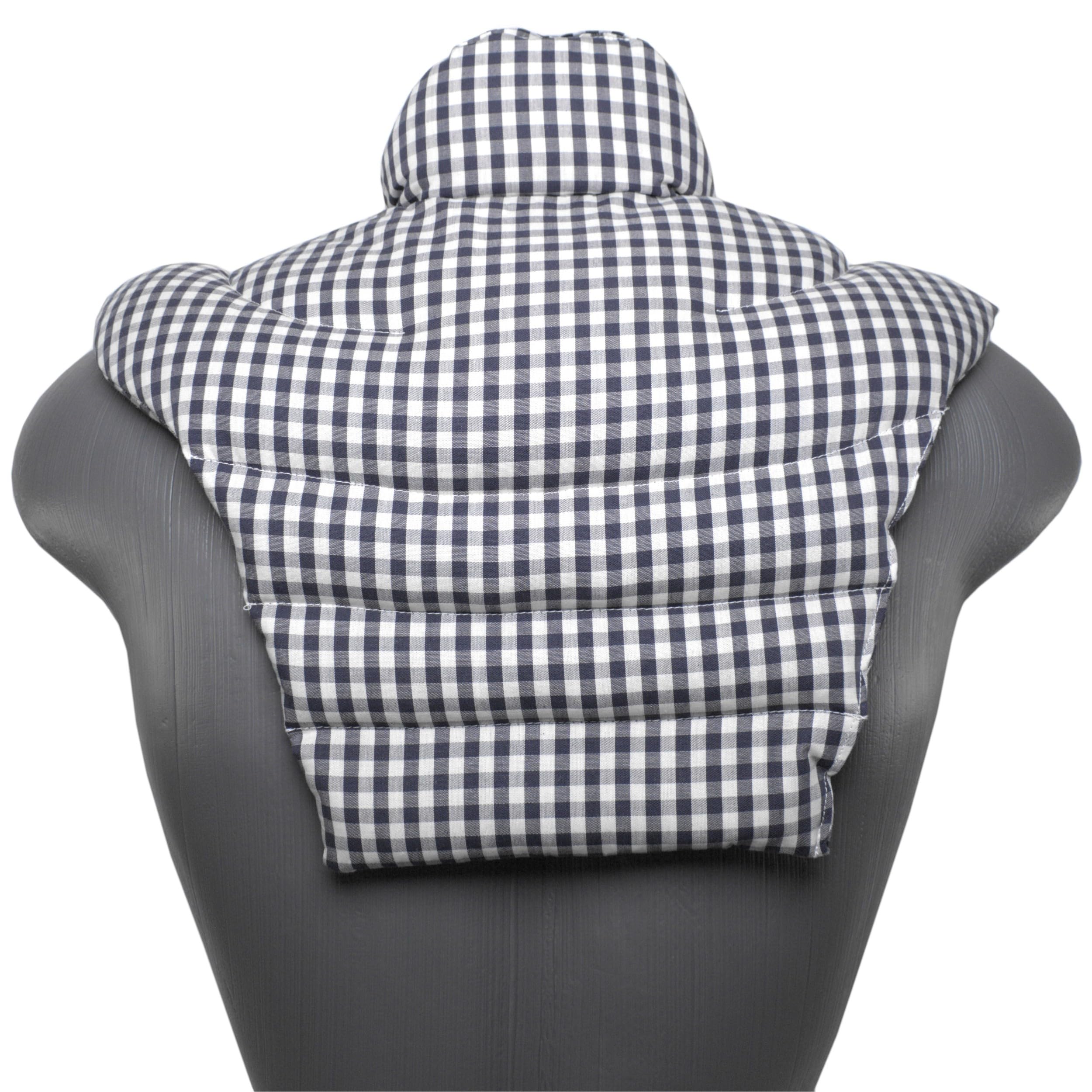 Tour de cou pour vertèbres cervicales avec col montant et partie dorsale - Tissu biologique vichy bleu et blanc- Coussin thermique 2 en 1 utilisable à chaud ou à froid - graines de lin