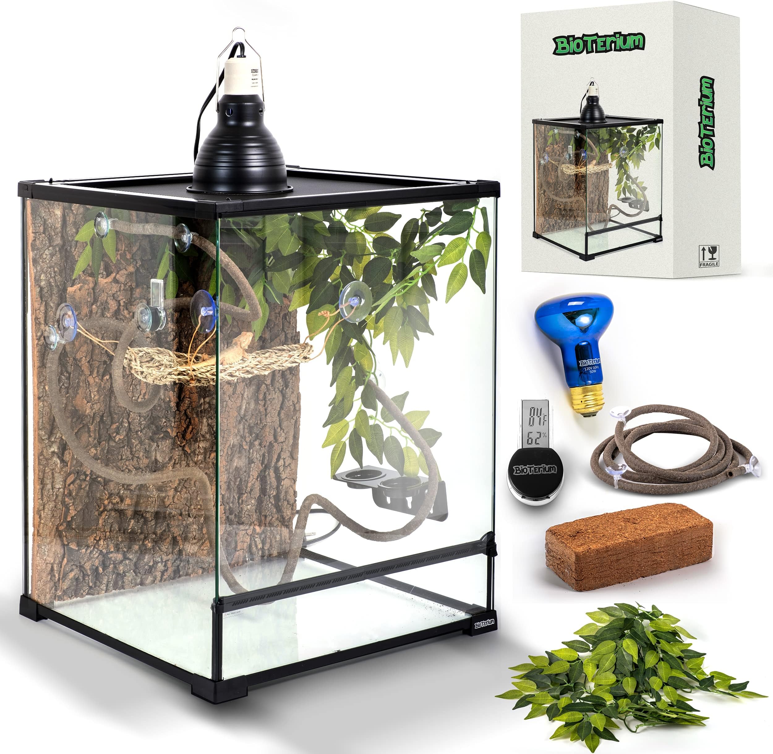 Reptile Tank | 18x18x24 Inch Glass Tank for Reptiles | 10L (2.64 Gal) Terrarium Starter Kit | Reptile Enclosure Combo Includes Cork Bark Background, Deep Dome Lamp, Bulb, Thermometer & More