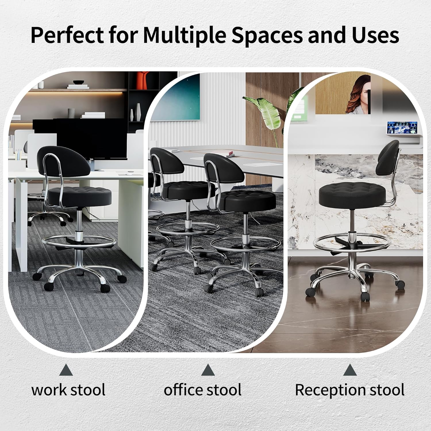 Ergonomic Drafting Chair (Adjustable Height 20-27 inch) (Quiet Wheels and Aluminum Base) Black Work Stools with Wheels (Black)