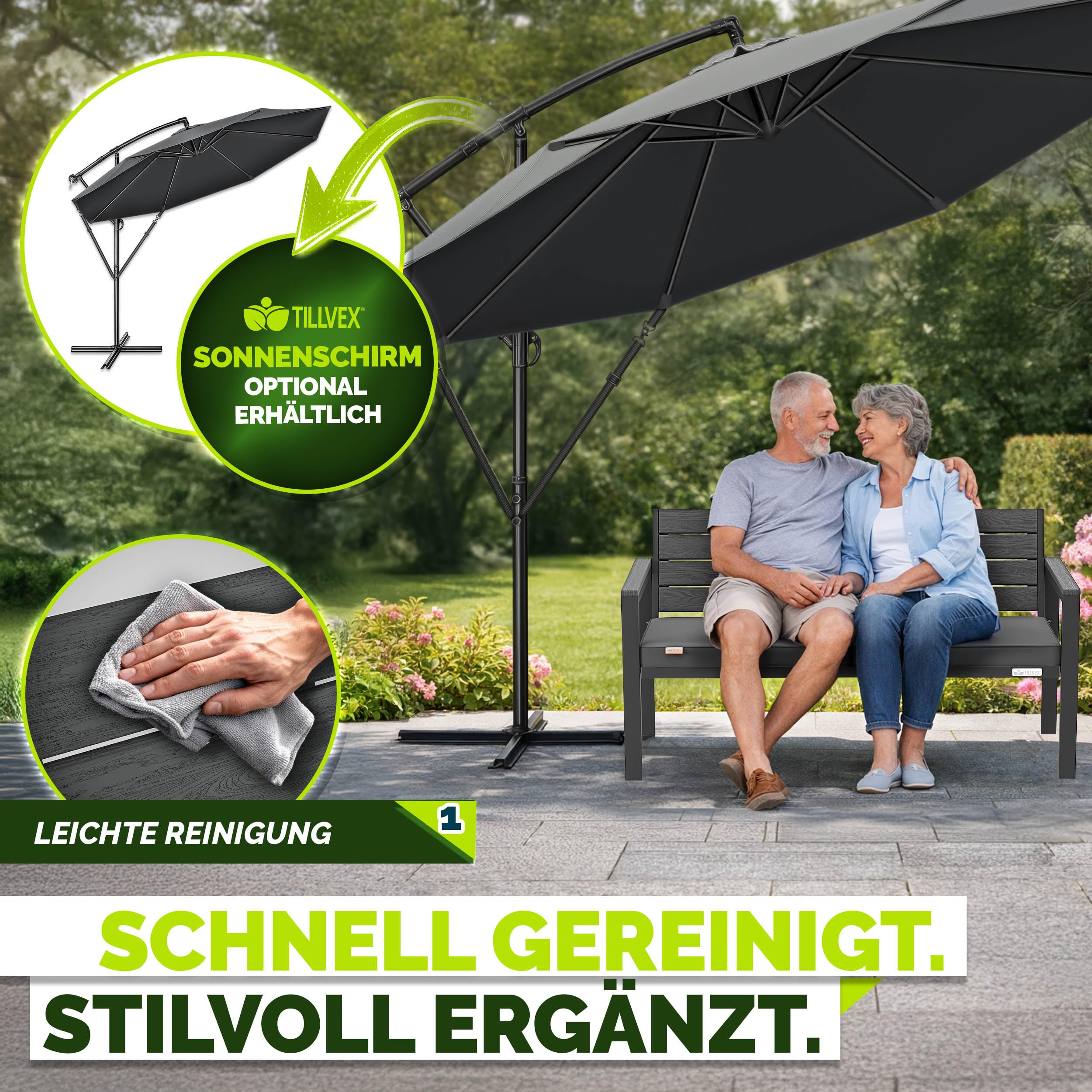 tillvex® Gartenbank Wetterfest 2-3 Sitzer mit Abdeckung & Kissen | Parkbank in Holzoptik bis 300kg belastbar UV-beständig | Sitzbank Garten Terrasse Balkon mit waschbarem Bezug