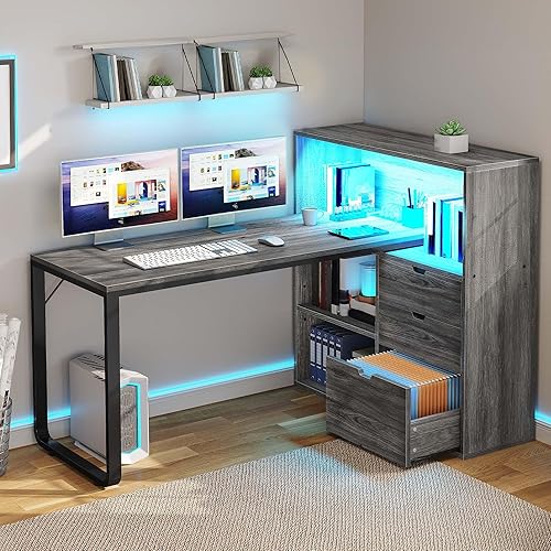 DWVO L Shaped Desk with Drawers & Power Outlets, 55" Computer Desk with Bookshelf, Corner Desk Home Office Desk with Storage Shelves & LED Lights, Grey