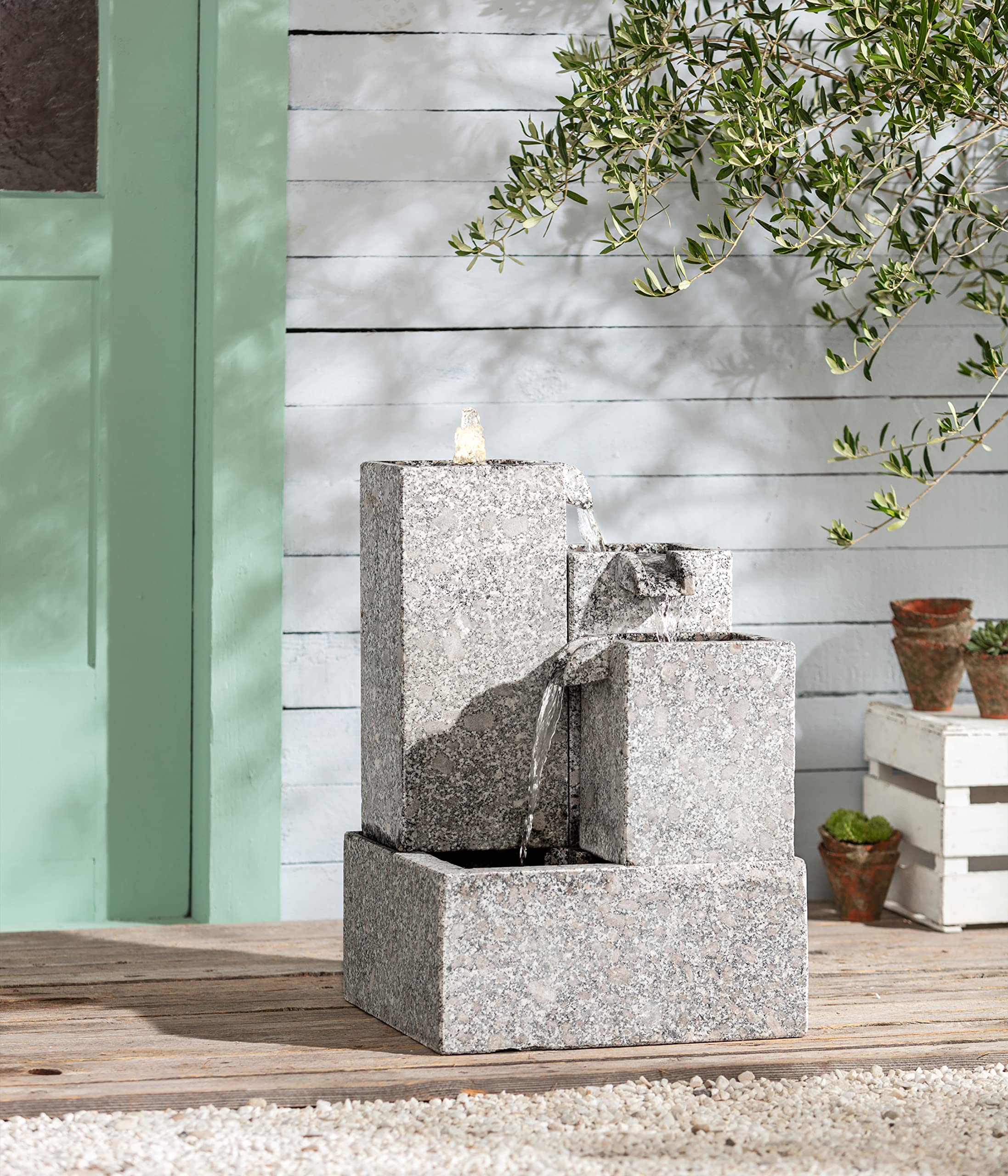 Dehner Gartenbrunnen Cascada mit LED Beleuchtung, ca. 65 x 43 x 43 cm, Granit, grau