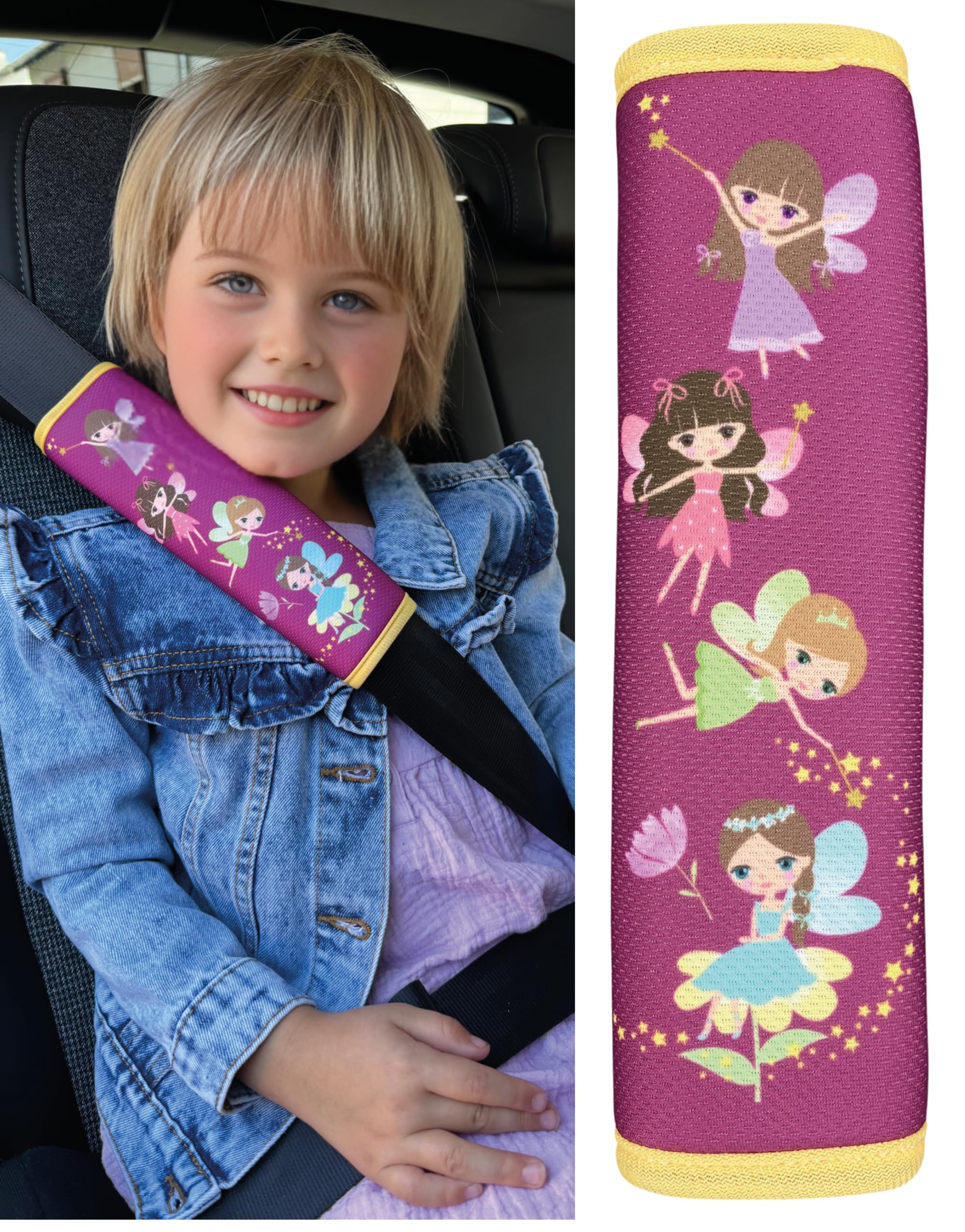 HECKBO 1x Kinder Auto Gurtpolster Gurtschutz mit Fee Feen Motiv - Mädchen Sicherheitsgurt Polster für Kinder und Babys- Ideal für jeden Gurt Autositzerhöhungen Kinder Fahrradanhänger Fahrrad