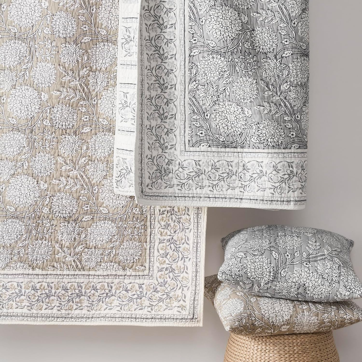 Levtex Home Adare Grey Reversible Full/Queen Quilt Set (88x92in) with 2 Pillow Shams (26x20in) - Floral Bedding - Grey White - Cotton Full/Queen Size Quilt Bedding Set - Lightweight, Soft, Pre-Washed