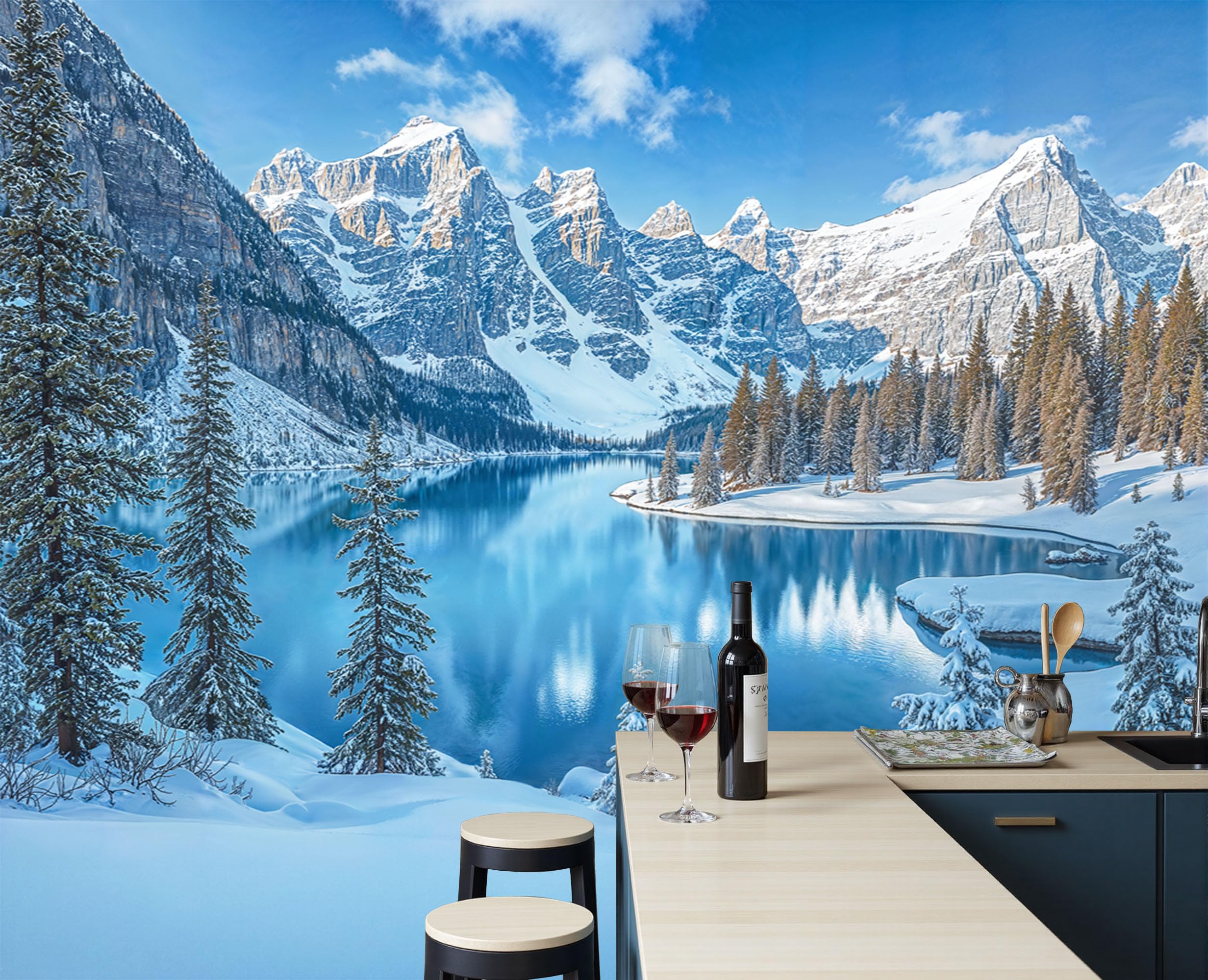 Carta Da Parati Panoramica Montagne Innevate Lago Moraine 250x175cm - Murales Seta, Decor Carta Da Parati Paesaggio Invernale Con Lago Di Montagna per Soggiorno Cucina Corridoio Muro Di Sfondo, Blu