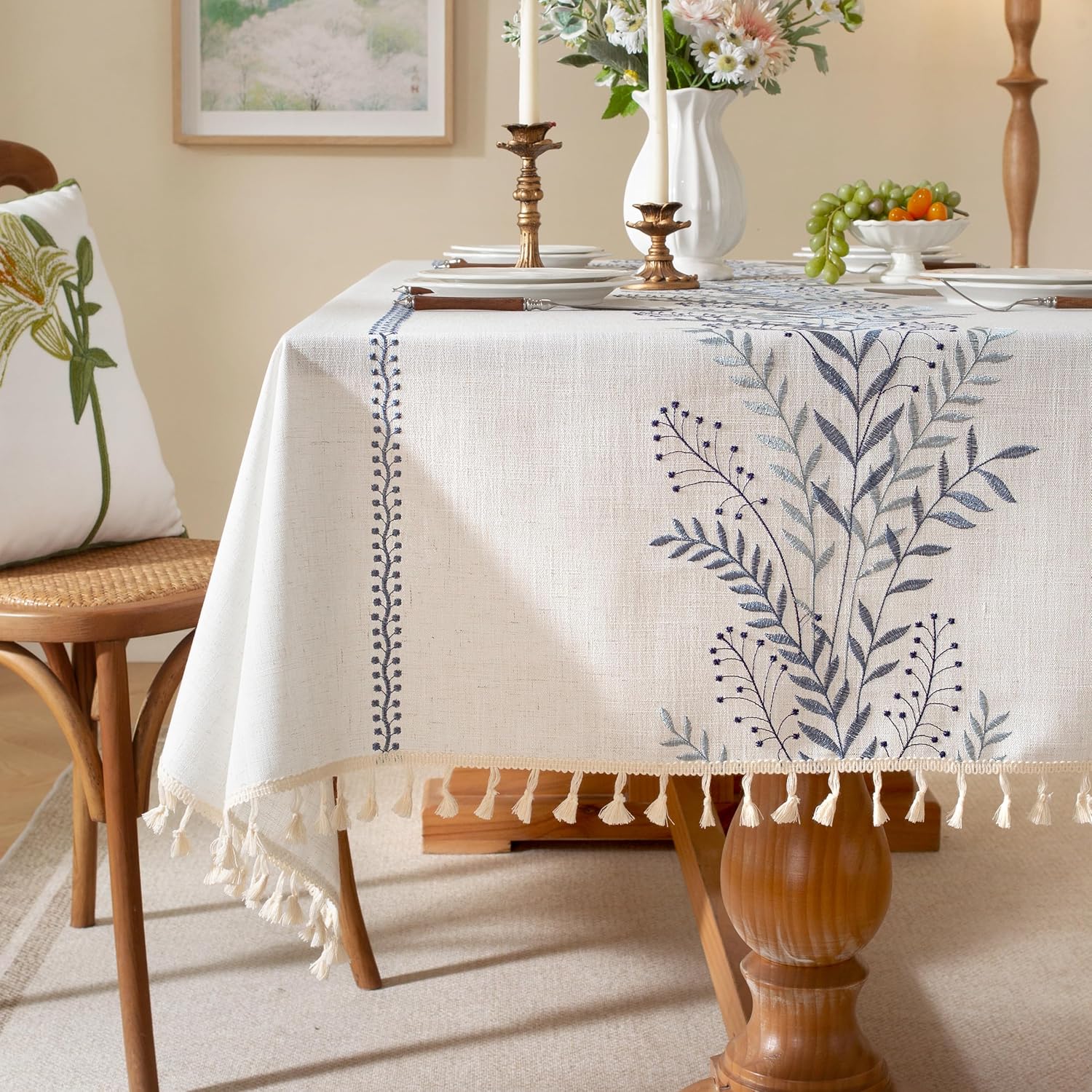 Laolitou Spring Table Cloth Rectangle Table, Embroidery Heavy Duty Cotton Linen Tablecloth, Farmhouse Rustic Waterproof Wrinkle Free Tablecloths with Tassels, Blue Fern, 55×120 Inch