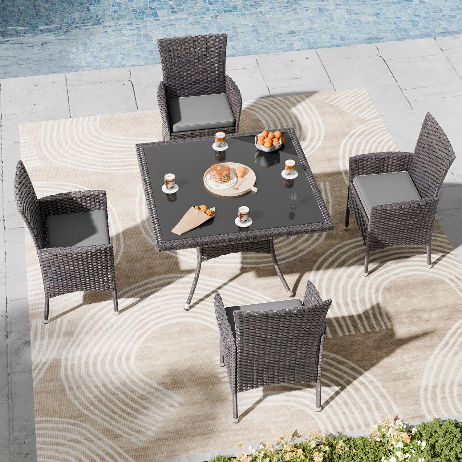 Kullavik 5 Pieces Outdoor Dining Set Patio Rattan Furniture Set,Patio Dining Table and Chairs Set with 4 Chairs and Cushions,Square Glass Tabletop with Umbrella Hole for Patio,Backyard,Grey
