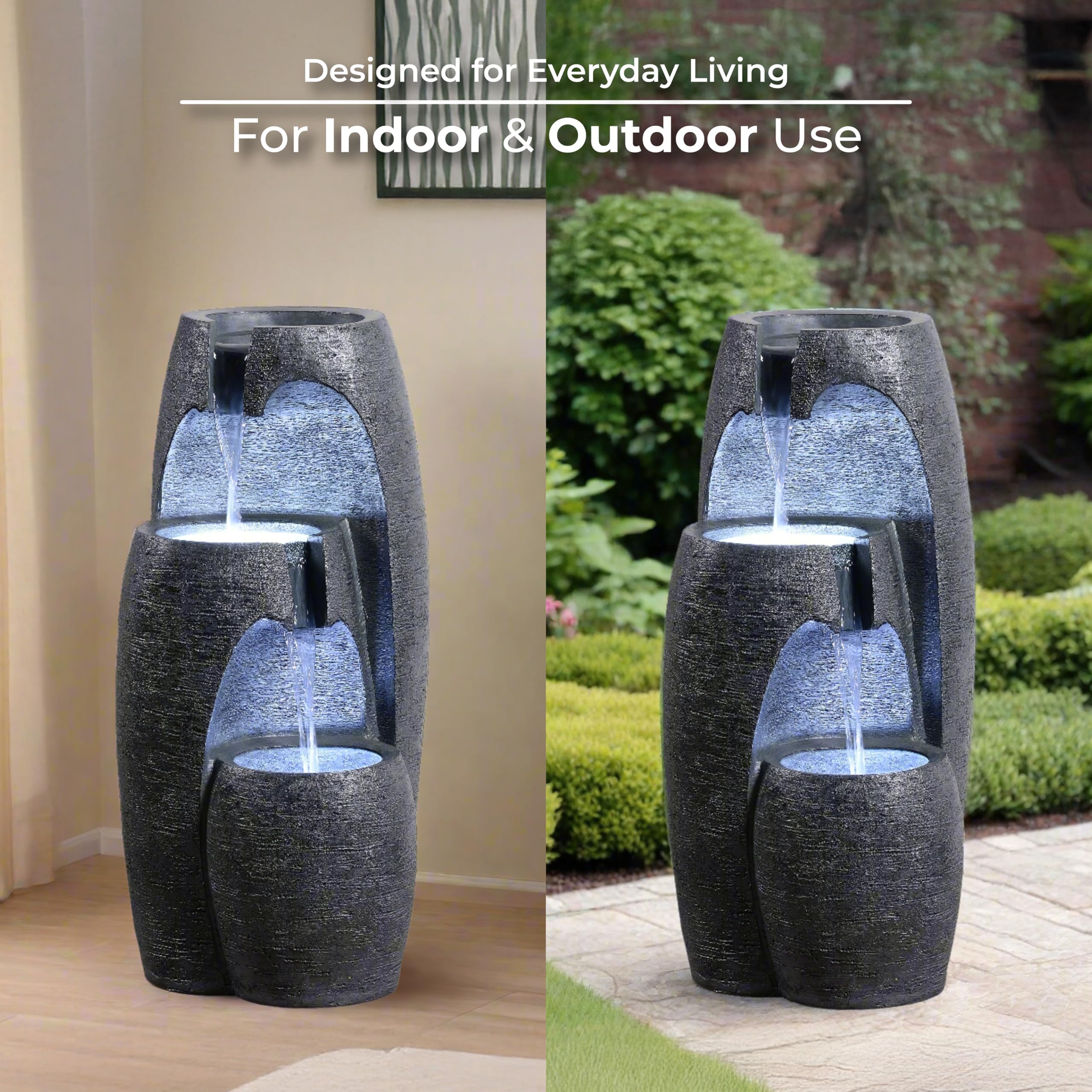 Teamson Home Garten Outdoor Brunnen Moderner 3-stufiger Kaskaden-Urnenbrunnen mit LED-Lichtern, Einstellbarer Fluss, schwarzes Steinoptik-Finish