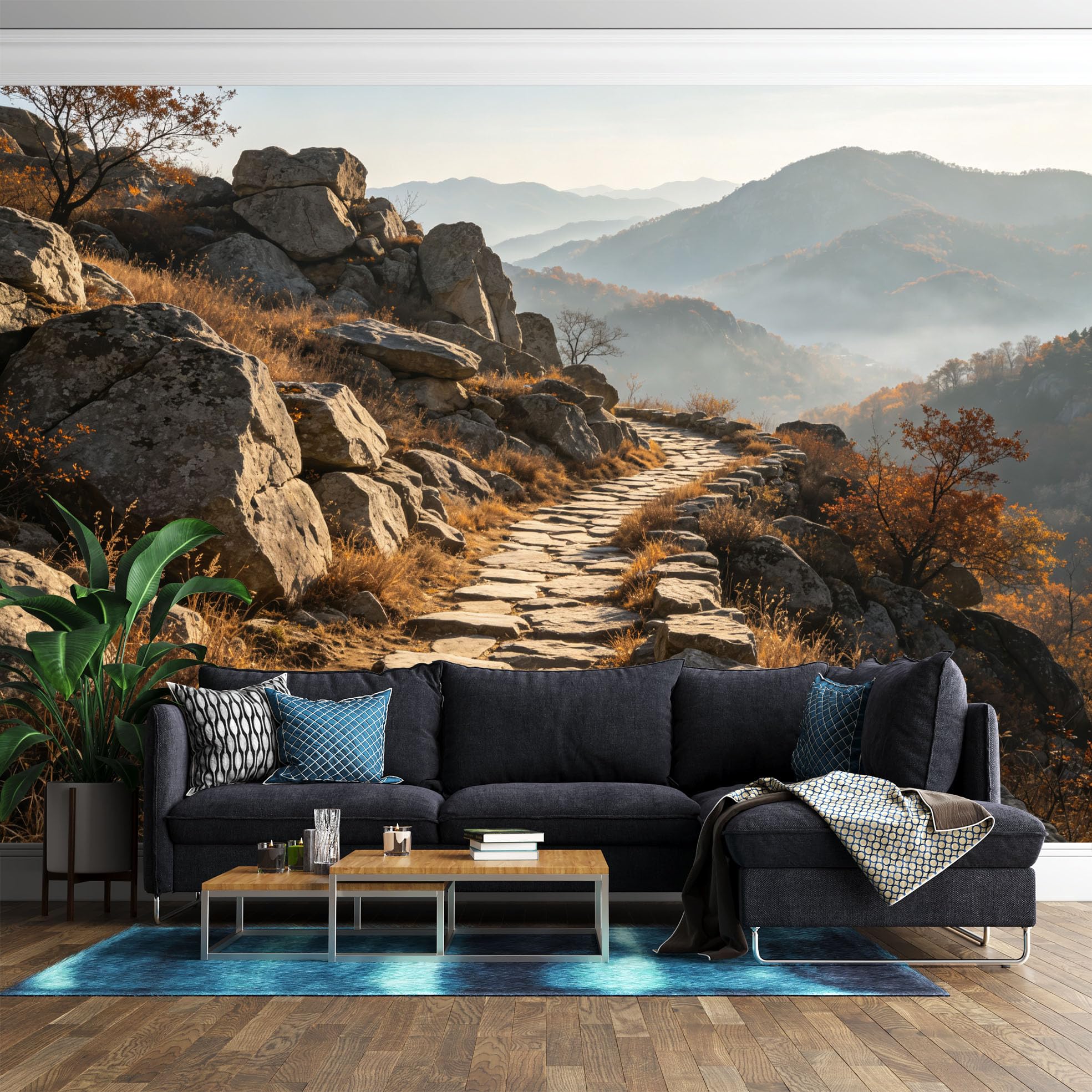 Mural de pared sendero de montaña otoñal de 130 x 85 cm en papel pintado autoadhesivo