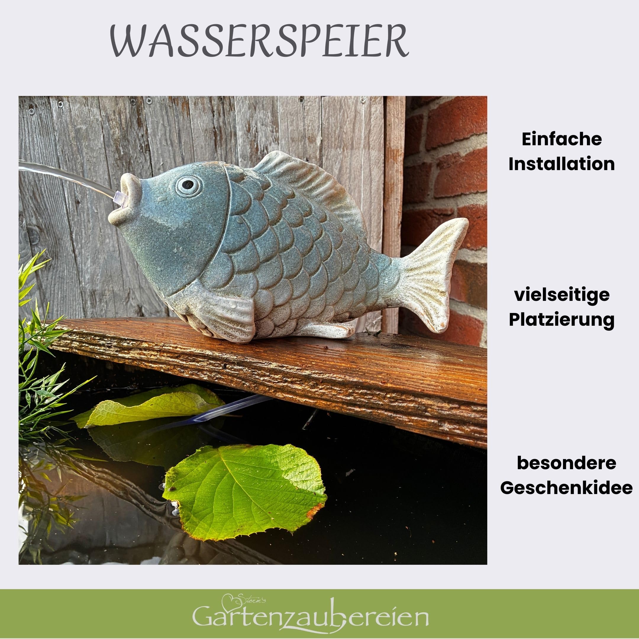 Solar Wasserspeier Fisch aus Keramik - Blau-Weiss glasierte Teichfigur - Maritimes Wasserspiel für Garten Balkon Miniteich - Solarfontäne mit 3m Kabel - Wetterfeste Aussendeko
