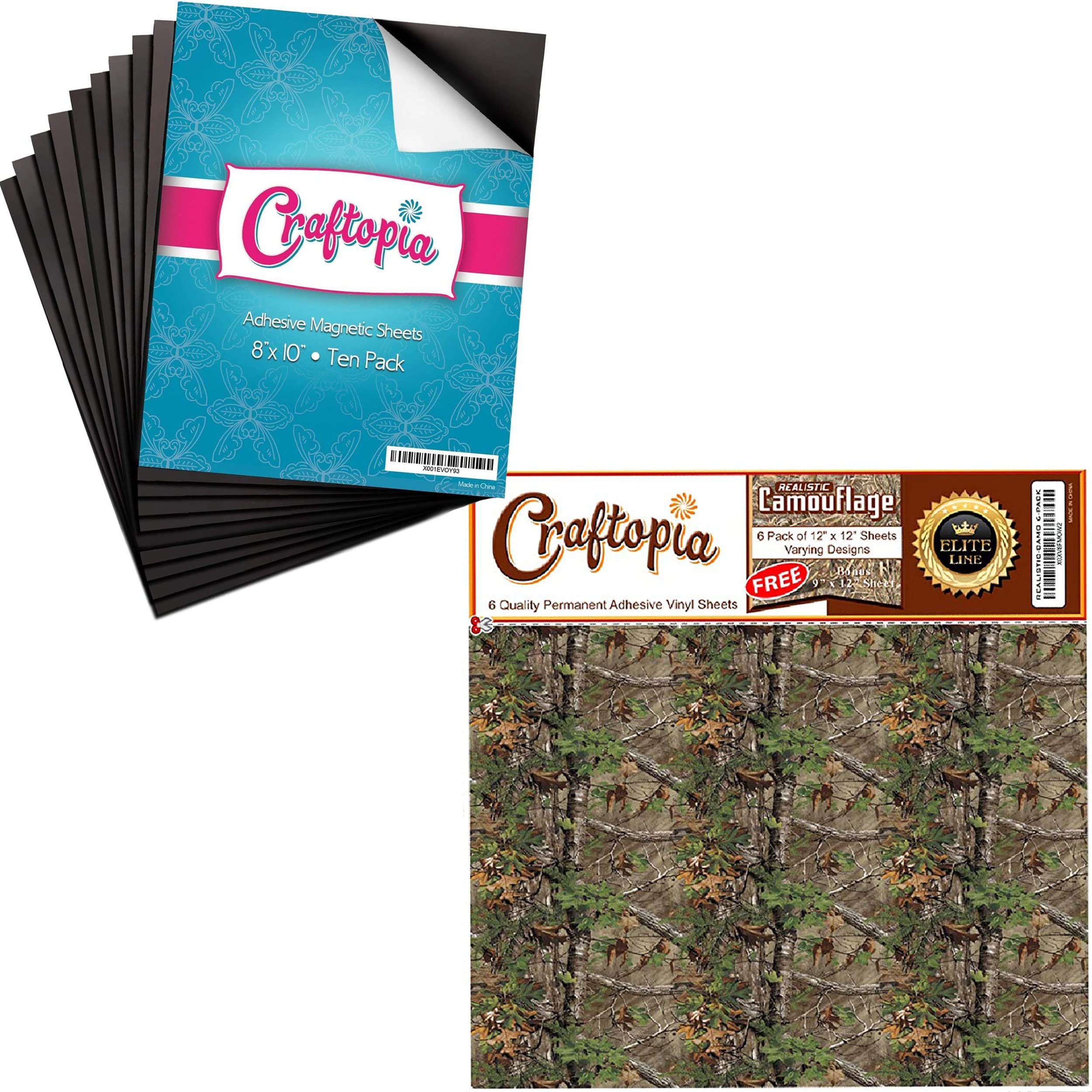 Craftopia Magnetic Adhesive Sheets | 8" x 10" | Pack of 10 and Vinyl Camo Self Adhesive Assorted Vinyl Sheets (6+1 Pack) | Camouflage Vinyl for Cricut, Silhouette Cameo, Craft Cutters, Plotters