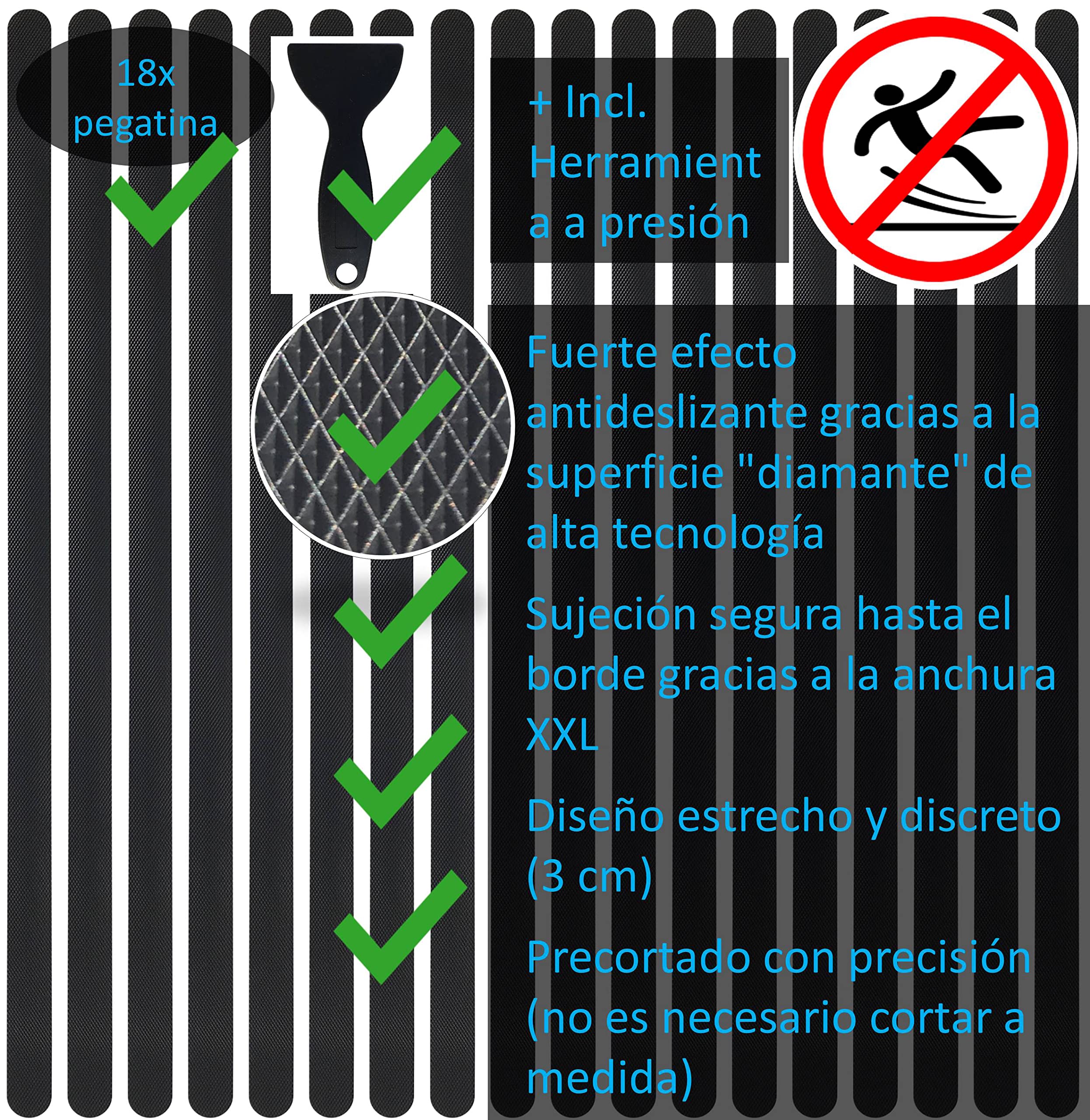 Cinta Antideslizante para Escaleras, Negro, XXL (75x3 cm) – Cintas Antideslizantes para Escaleras – Cinta Antideslizante Escaleras Interiores – 18 Unidades