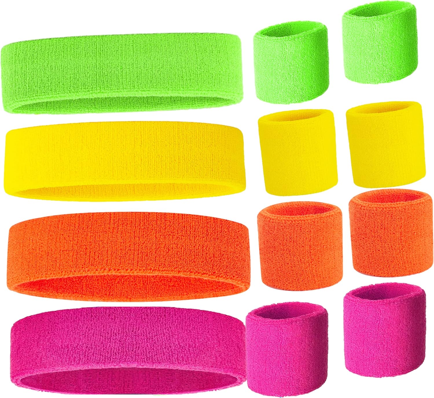 Neon Sweatbands Set Includes Pink, Yellow, Green and Orange Headband and Wristbands