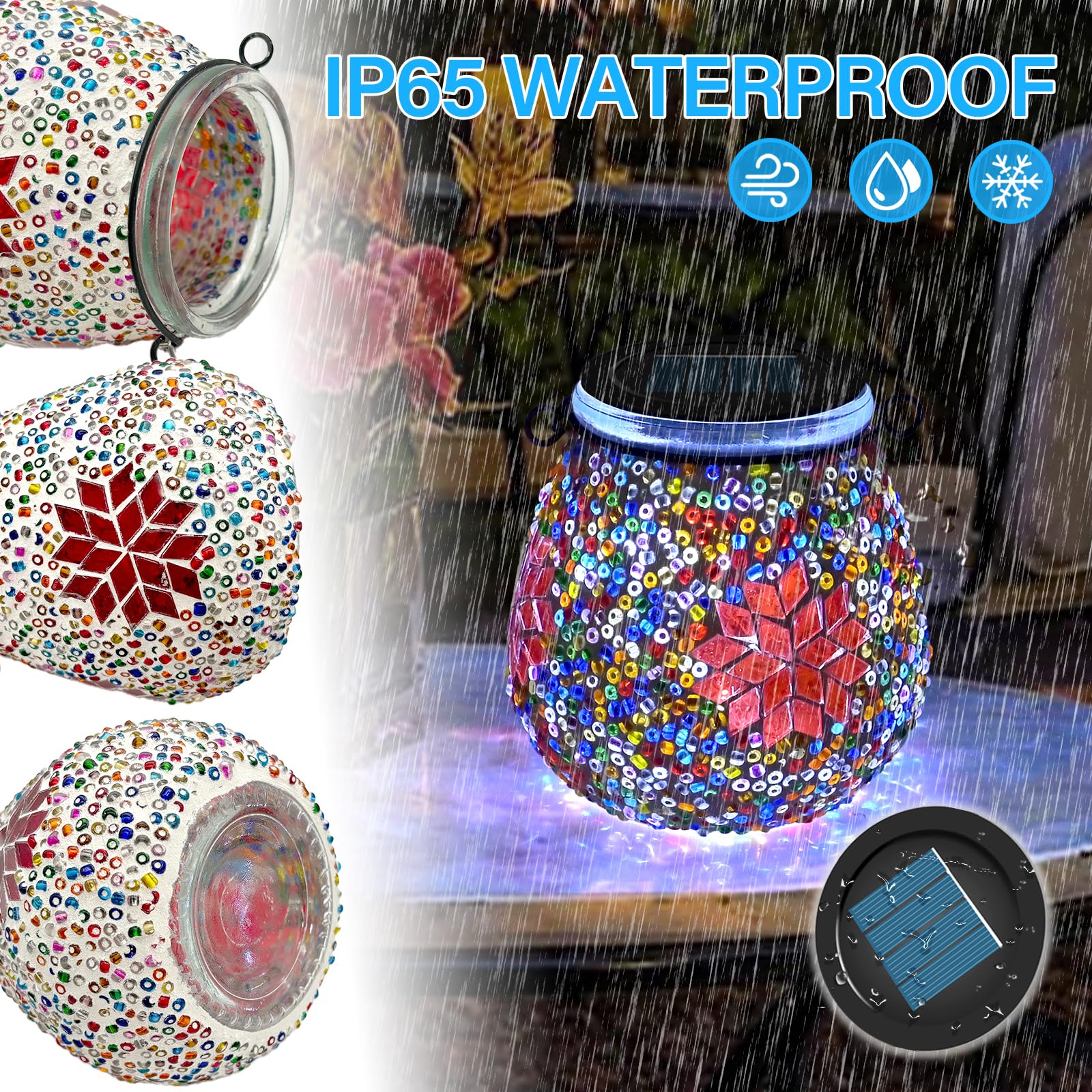 1PCS Oval Solar Mosaic Lights Outdoor, On/Off Glass Hanging Solar Mosaic Lanterns Lights IP65 Waterproof for Table Lawn Path Courtyard Deck Fence, Maple Mosaic Light — view 5