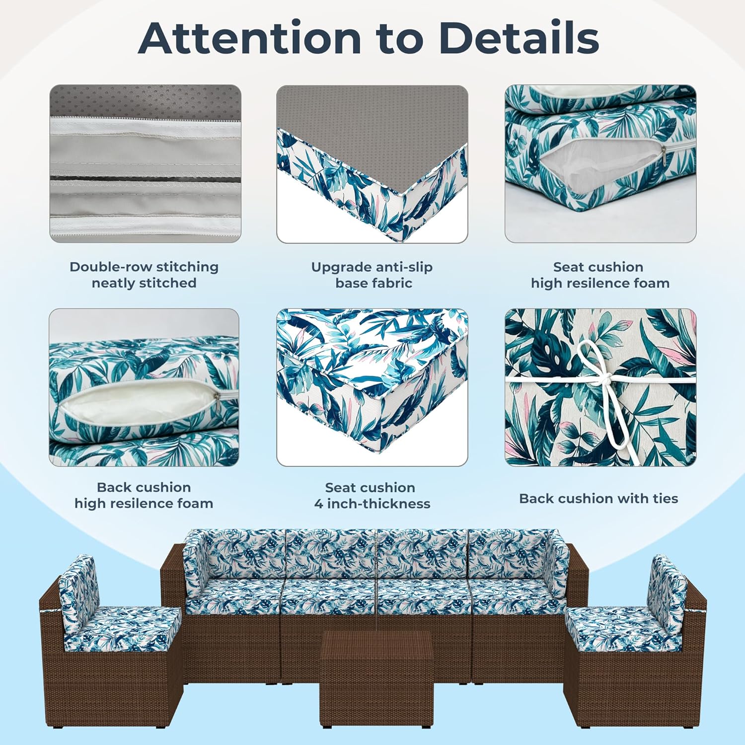 Fade-Resistant Outdoor Sectional Replacement Cushions,14-Piece Patio Sectional Cushions with Non-Slip Bottom,Water-Repellent Sofa Cushion for 18-Seat Wicker Conversation Sets,Hawaii