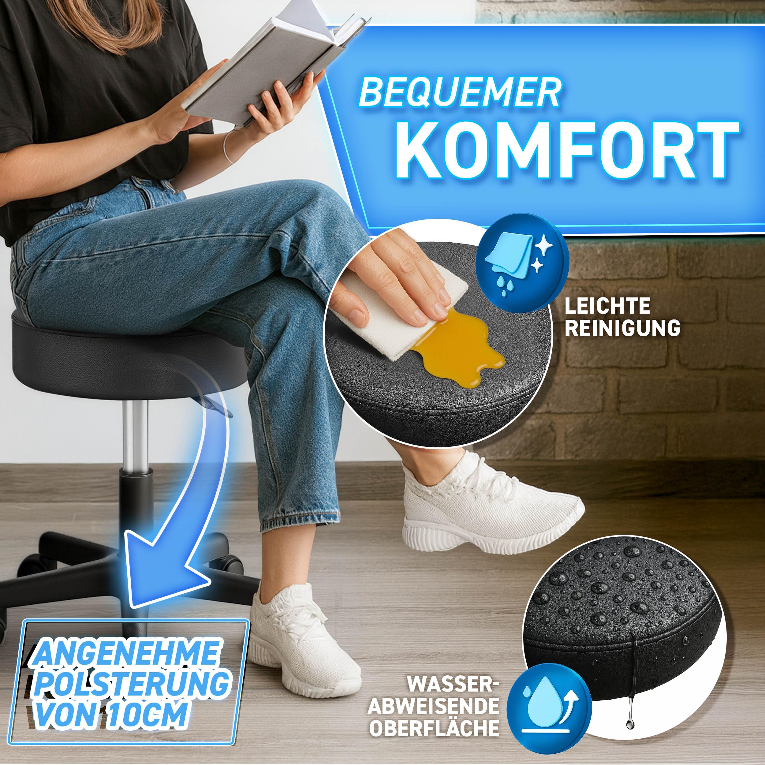TRESKO Rollhocker höhenverstellbar Schwarz bis 150 kg | Hocker Drehhocker 10 cm Dicke Polsterung 47-60 cm Sitzhöhe | Arbeitshocker Bürohocker 360° drehbar mit Rollen