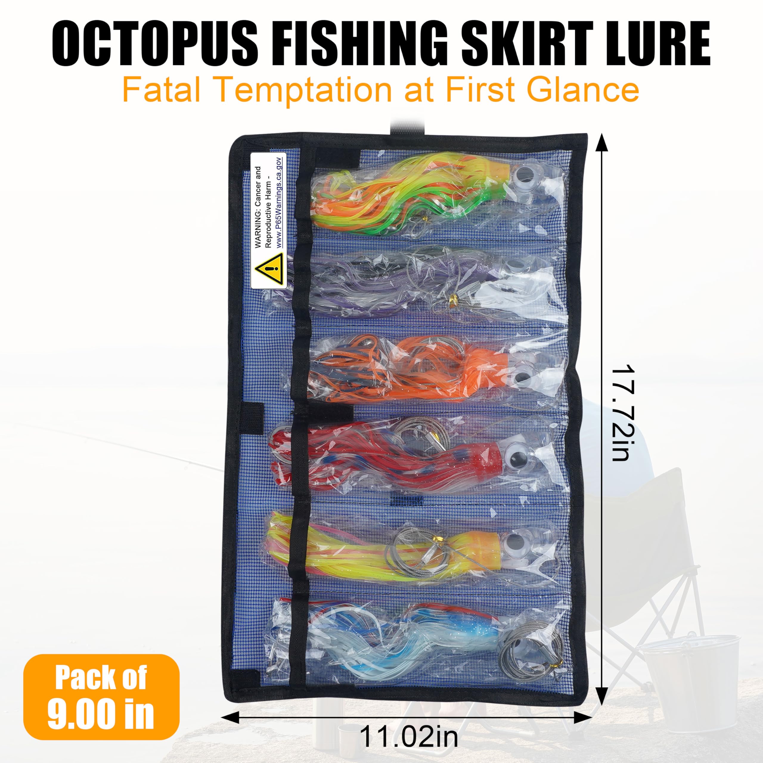 Salzwasser Schleppköder-Set, 6 Stück Tiefsee-Großwild-Angelköder mit Edelstahldraht, Tintenfischrock, Rigged Haken für Thunfisch, Mahi, Wahoo, Delfin, Hai, Marlin