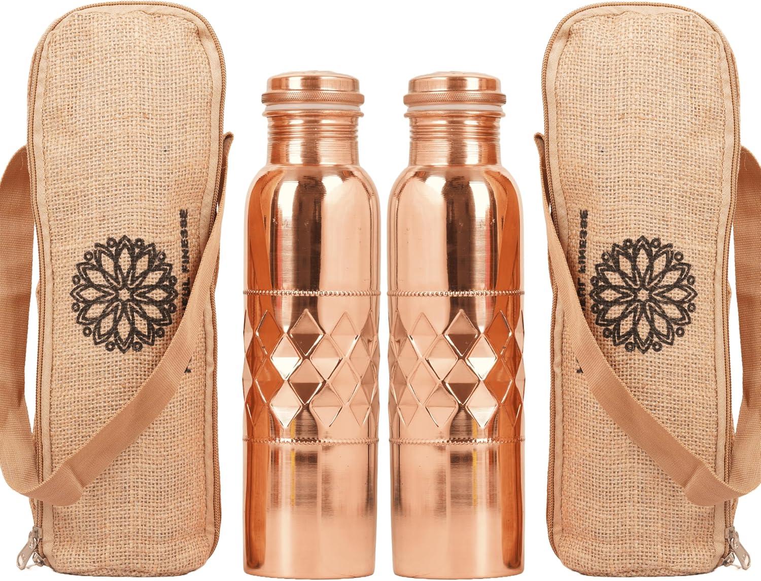 Pure Copper Water Bottle for Drinking 34 Ounce 100% Large CU Vessel with Carry Bags for Yoga Gym Meditation Ayurvedic Bottle - 1000 ml/ 1 L (Pack of 2, Natural Copper Bottle)
