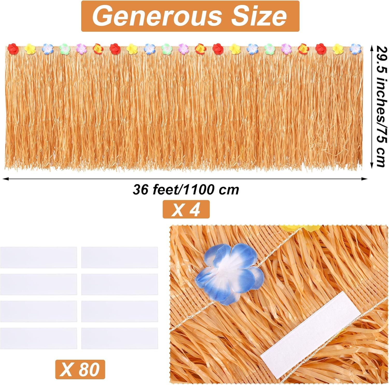 Fovths 4 Pieces Luau Grass Table Skirt Each 36 feet x 29.5 inch Fringe Banner Grass Skirt Natural Hawaiian Straw Grass Decor for Tiki Bar Roof Summer Beach Tropical Party Decorations, Dark Yellow