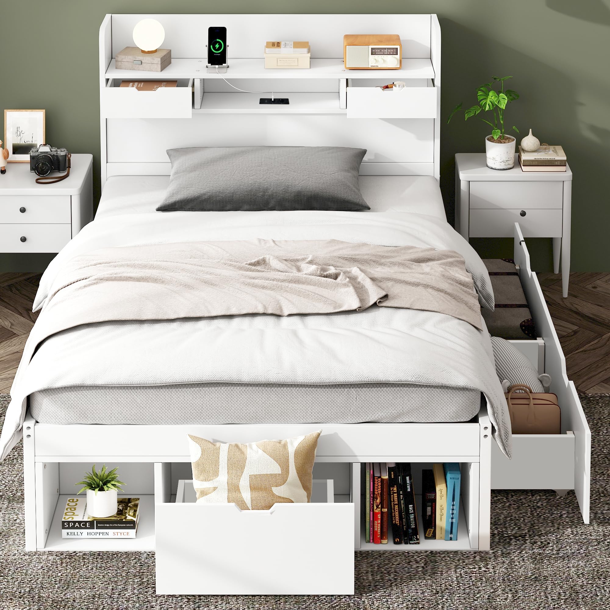 Holzbett Einzelbett 90x200cm mit Schubladen, USB & Stauraum Kopfteil, Massivholz Bettgestell mit Lattenrost, Stauraumbetten, Jugendbett, Kinderbett, ohne Matratze (weiß, 90x200)