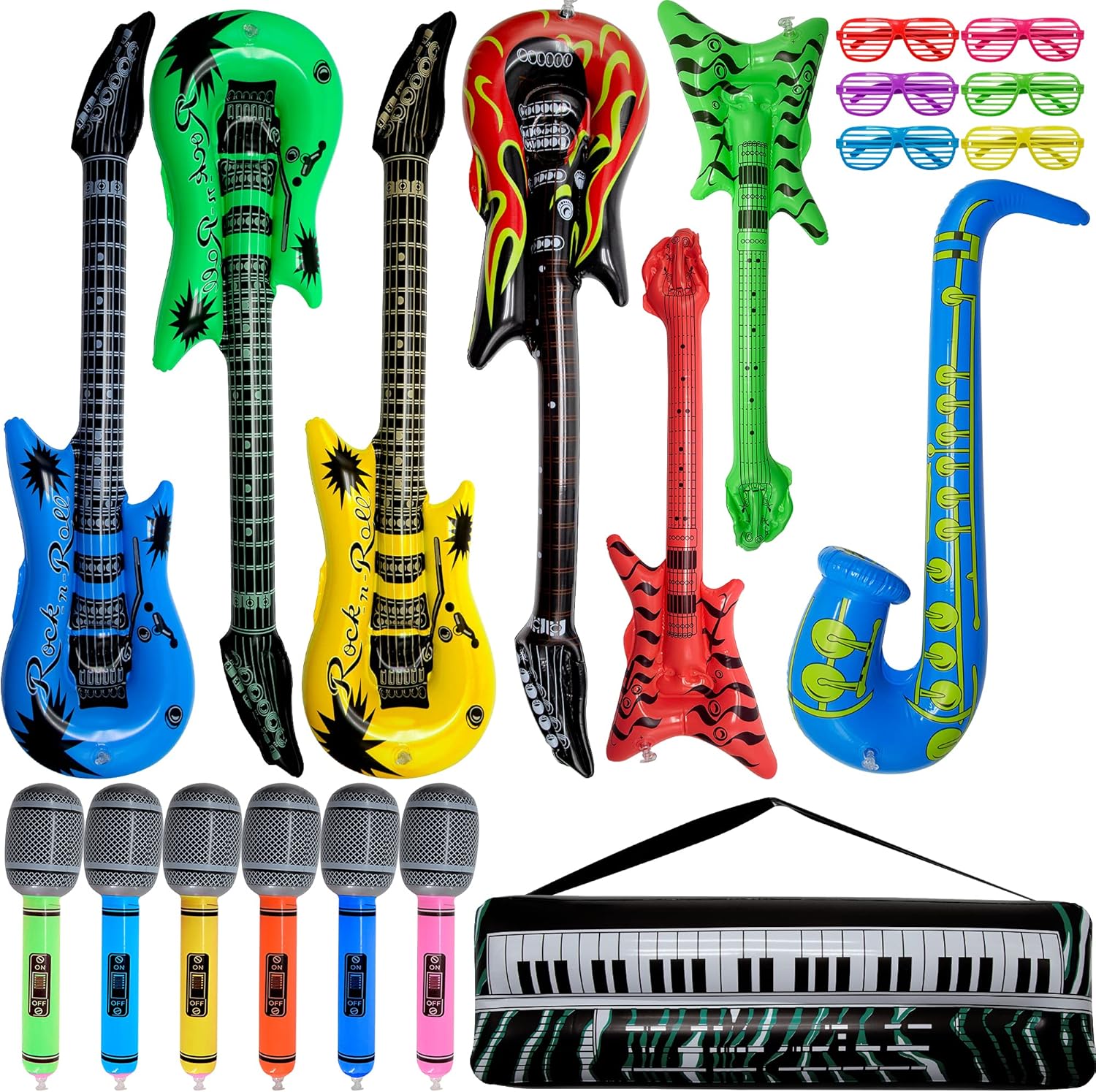 Inflatable Rock Star Toy Set, 20 Pack Inflatable Party Props Music Instruments 4 Inflatable Guitar, 6 Microphones, 6 Shutter Shading Glasses, 2 Inflatable Bass Guitar, 1 Saxophone, 1 Inflatable Piano : Home & Kitchen