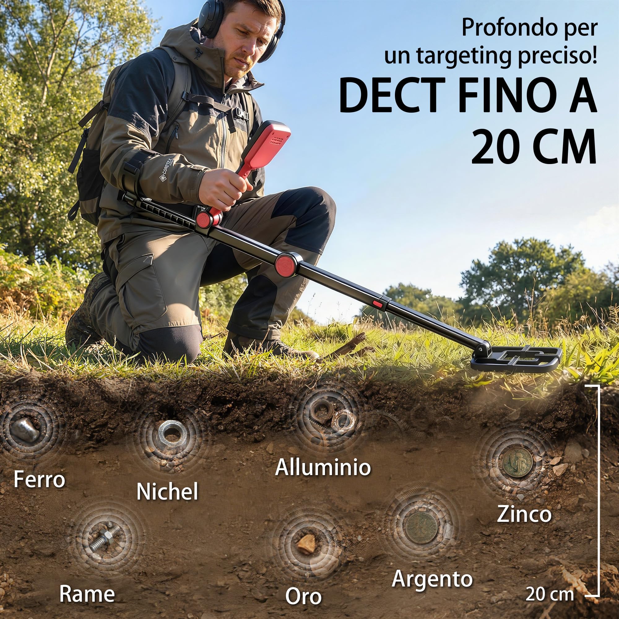 Outsunny Metal Detector Pieghevole per Adulti, Rilevatore di Metalli Oro Impermeabile IP68 con Bobina, Display LCD, 4 Modalità, Borsa, Pala, Cuffie, Asta Telescopica Regolabile, per Spiaggia Giardino