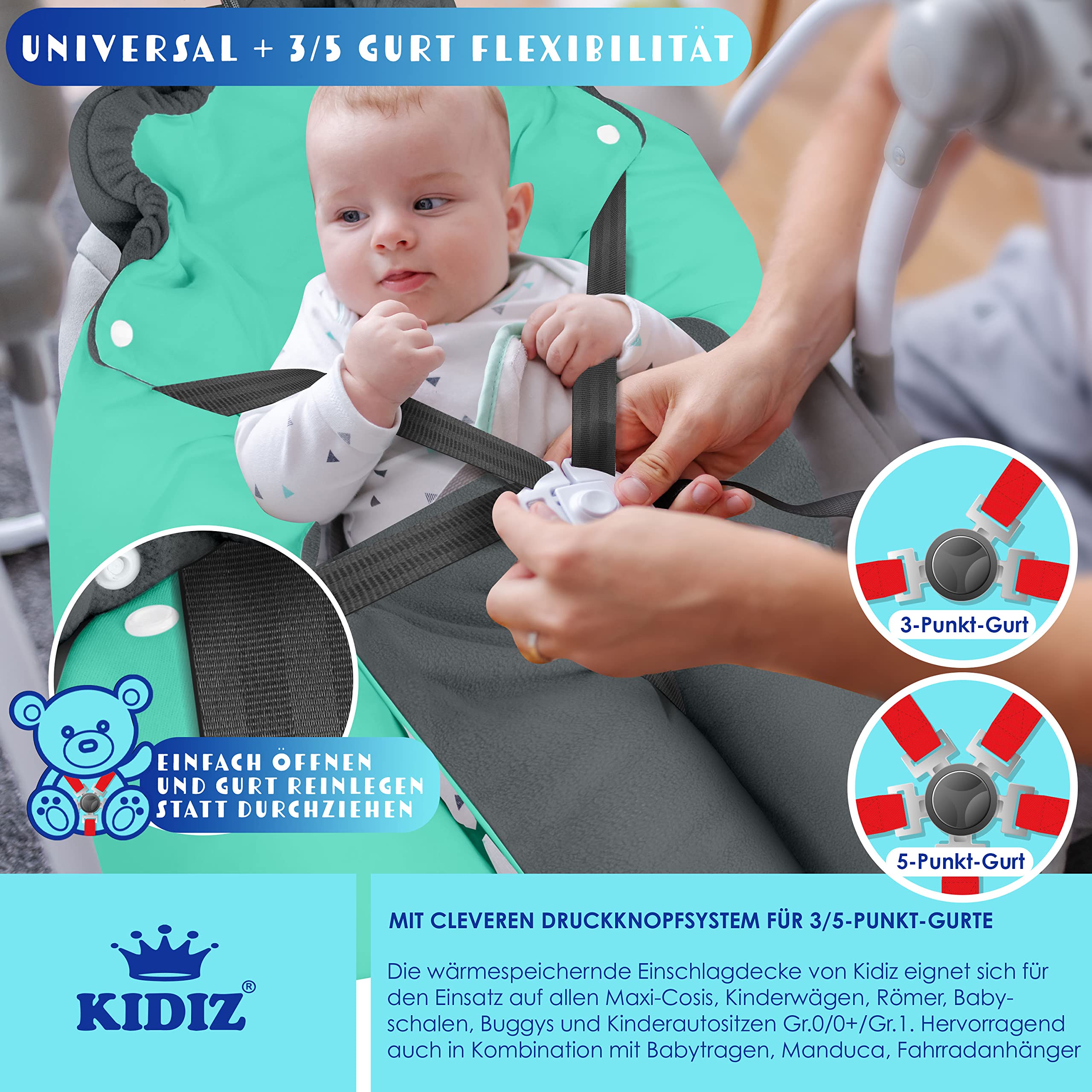 Kidiz® Baby Einschlagdecke Babyschale Winter Herbst Babydecke mit Tasche Universal Fußsack kompatibel mit Maxi-Cosi, Römer, Buggy, Kinderwagen & Autositz isolierend gegen Wind, Nässe & Kälte