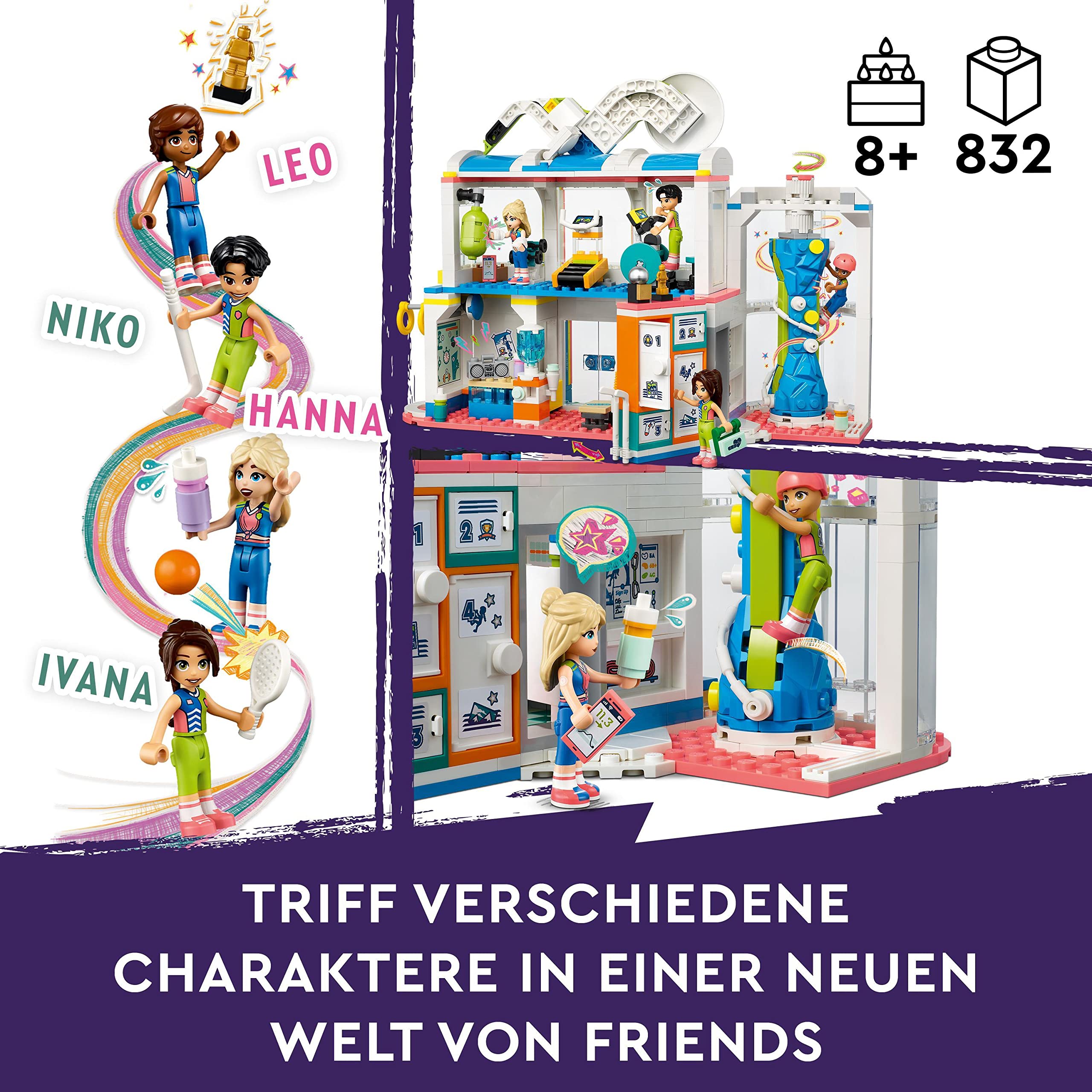 LEGO Friends Sportzentrum BAU-Spielzeug mit Fußball-, Basketball- und Tennis-Spielen sowie Kletterwand und 4 Mini-Puppen, Heartlake City Geschenk für Kinder ab 8 Jahren 41744