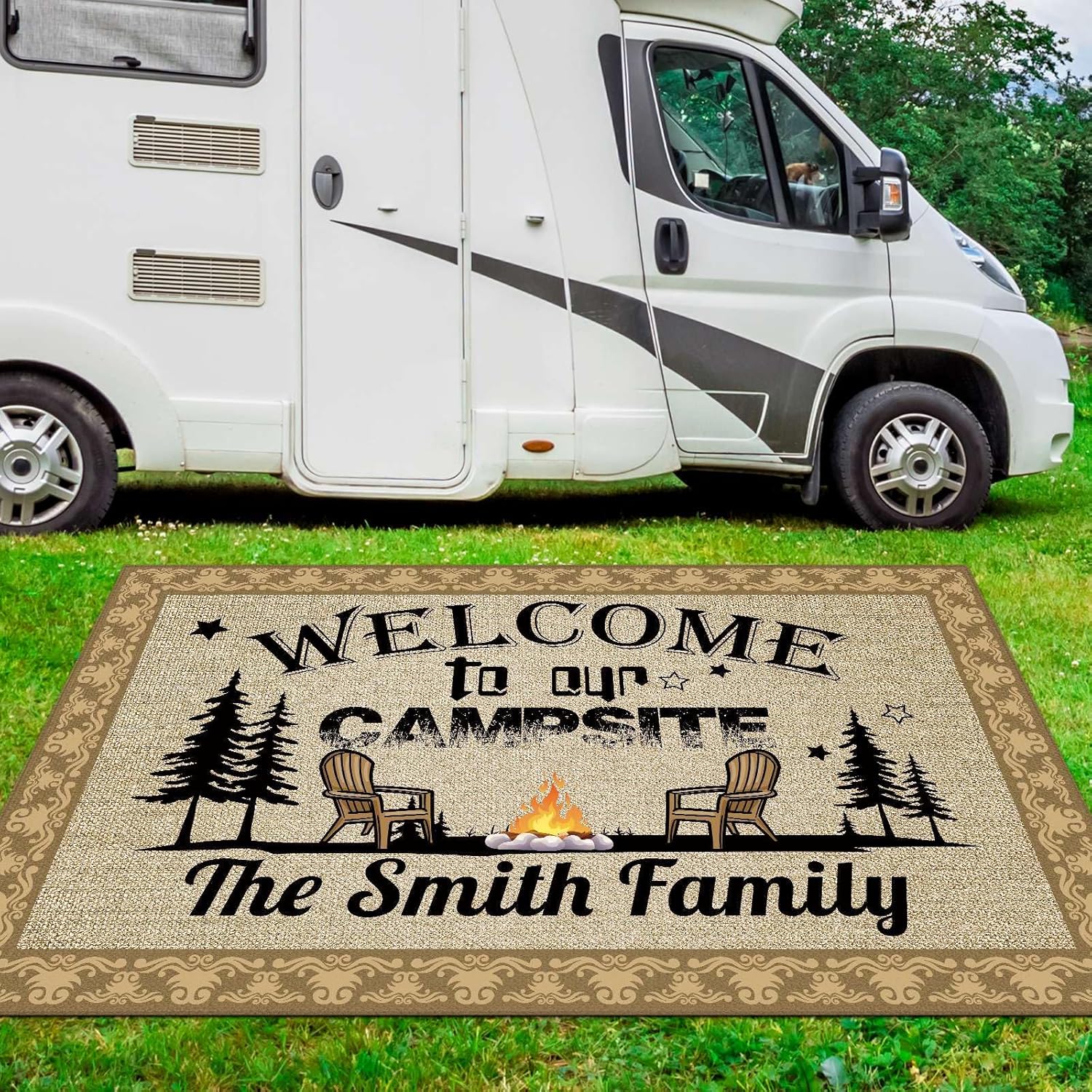 Custom RV Rug Welcome to Our Campsite Outdoor Rug for Camping Trailer Decor 48 x 72 Inch RV Patio Mats, Camping Rugs, Awning Mats