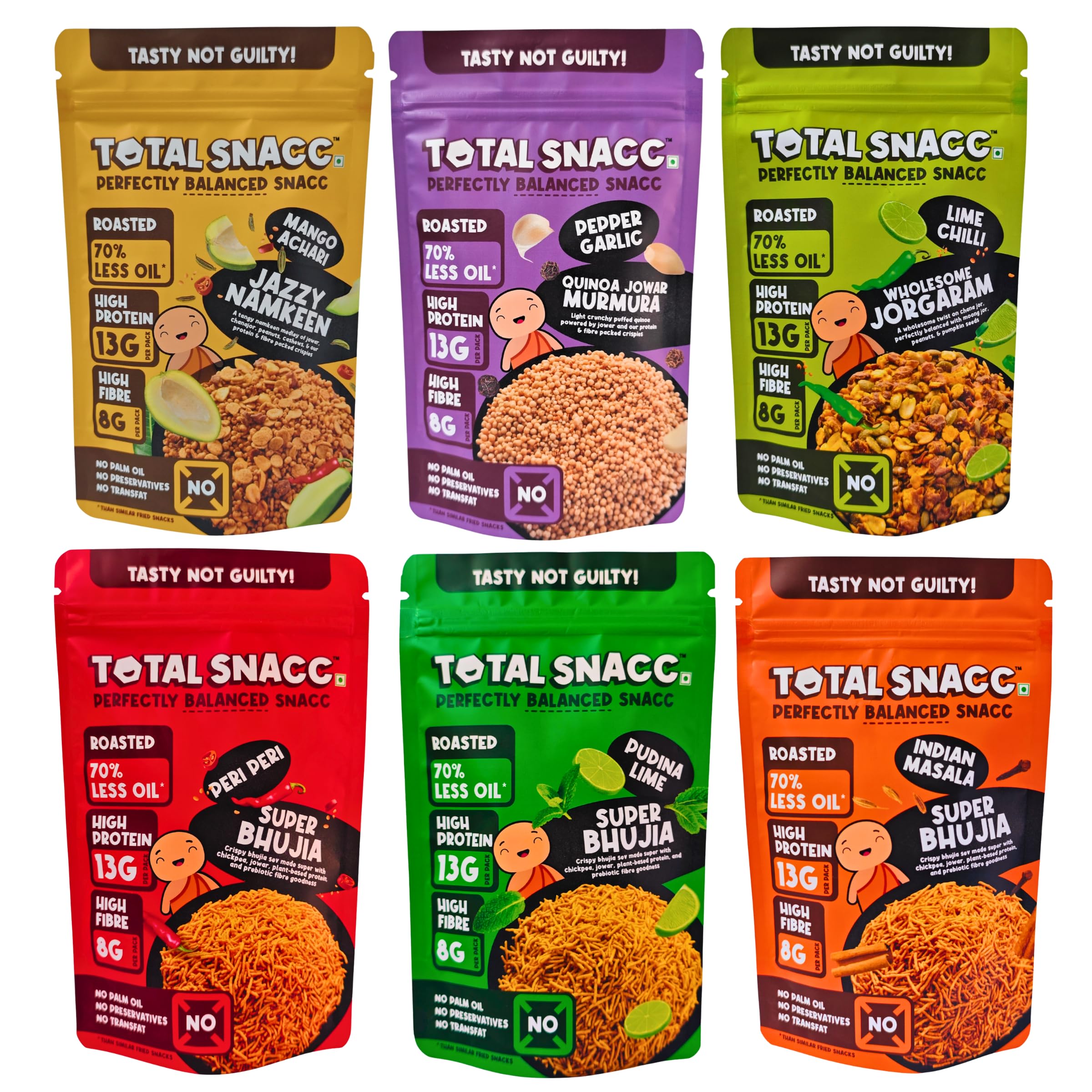 TOTAL SNACC 6 Flavors Protein Snacks Combo (70g x 6) (Pudina Lime, Peri Peri, Mango Achari, Indian Masala, Pepper Garlic, Lime Chilli) | Baked Namkeens | High Protein 13g per pack | High Fibre 8g per pack | Roasted Not Fried | 70% Less Oil | | No Palm Oil | Healthy Snacks | Diabetic Friendly | Bhujia & Millet Namkeen | No Junk | Low Calories-image-31