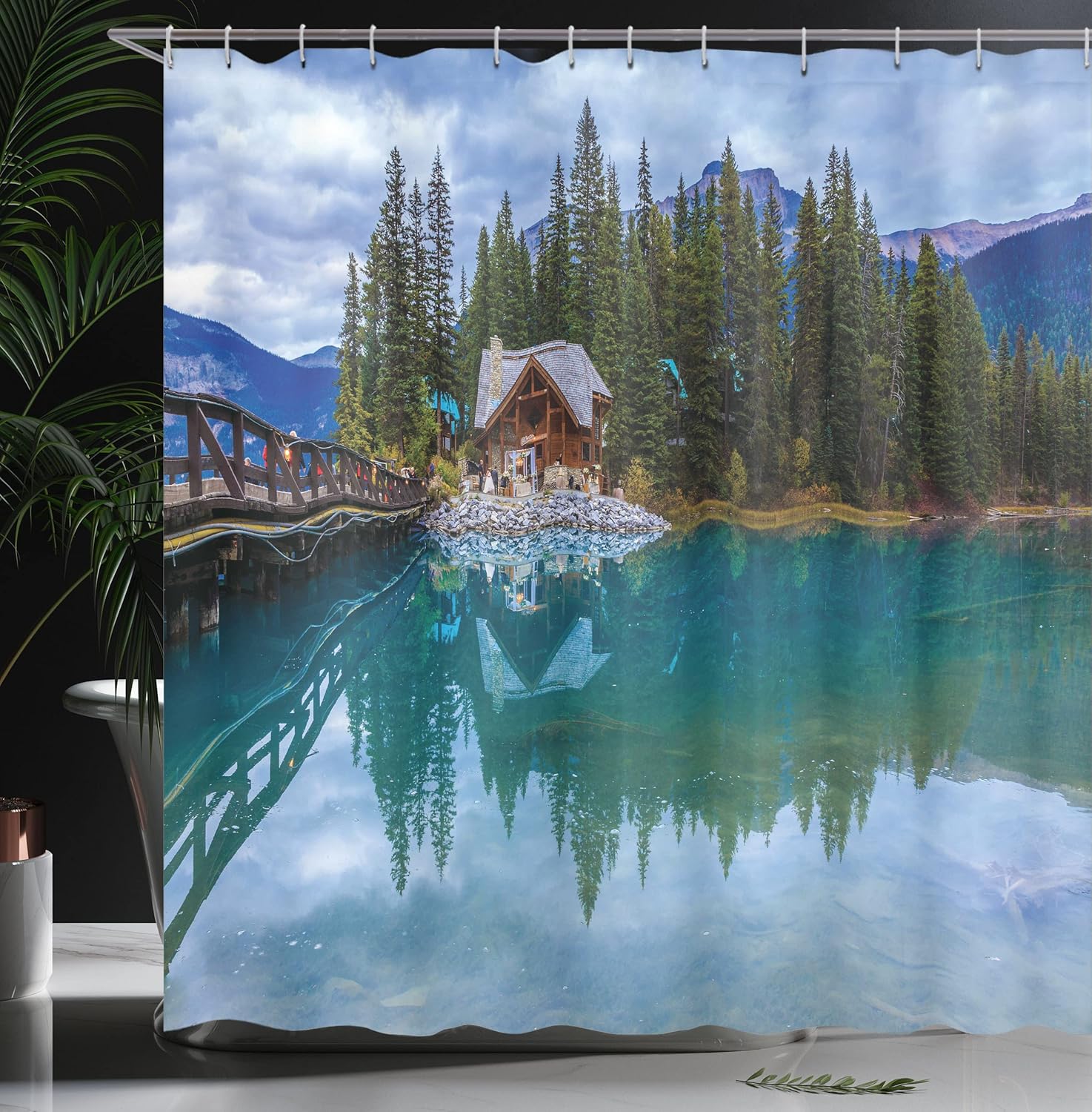 Ambesonne Nature Shower Curtain, Canadian Emerald Lake Scenery with a Wooden Cottage House Country View, Cloth Fabric Bathroom Decor Set with Hooks, 69" W x 70" L, Petrol Blue Olive Green