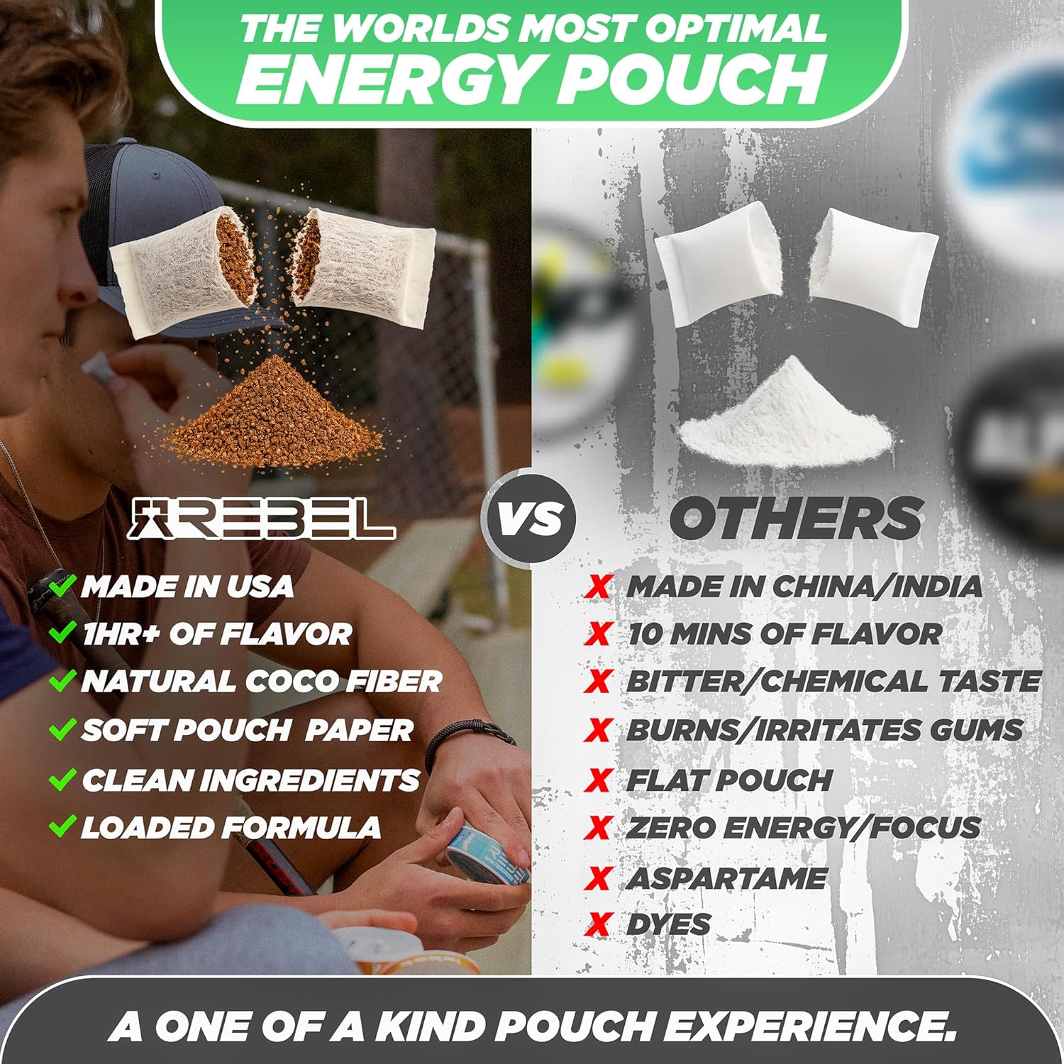 Rebel Nootropic Energy Caffeine Pouches (Cool Mint) • 100mg Caffeine • Alpha GPC • Huperzine A & Essential Vitamins • Sugar-Free • Coconut Fiber Technology • 15 Pouches Per Can (Pack of 4) - Image 3
