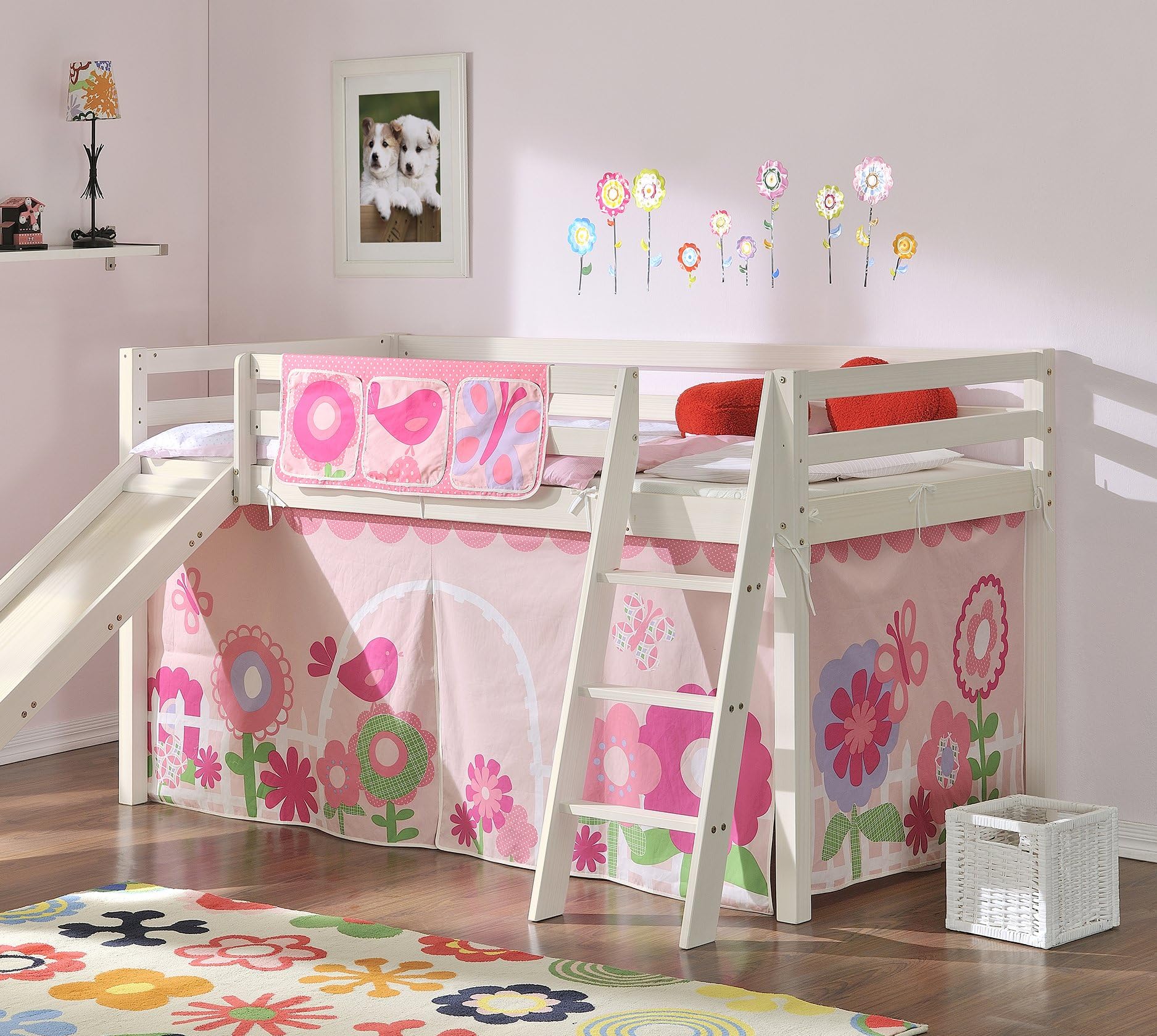 Noa and Nani - Midsleeper Cabin Bed with Slide and Floral Tent - (Whitewashed Pine)