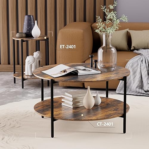 Miniatura 6 de Mesa auxiliar redonda, mesas de centro circulares de 2 niveles de 32.9 pulgadas con almacenamiento de madera rústica, mesa de centro circular para