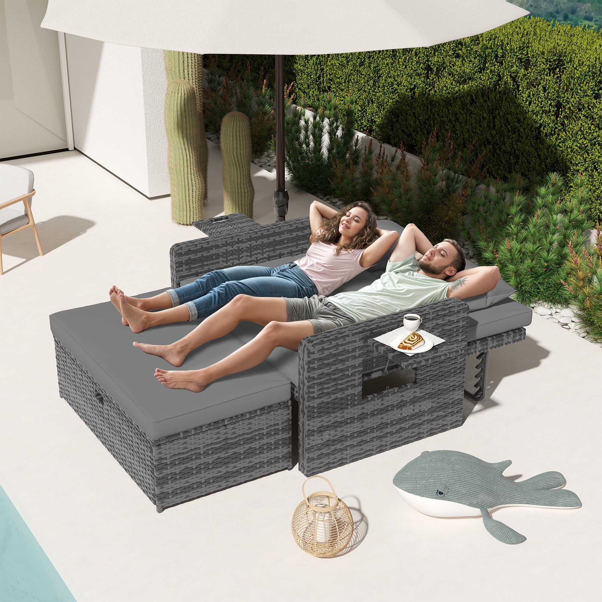 Amopatio Rattan Gartenlounge Outdoor Set, 2-Sitzer Gartensofa mit Verstellbarer Rückenlehne und Stauraum, Wetterfestes Lounge Möbel für Balkon und Terrasse, mit Hocker und Kissen, Grey