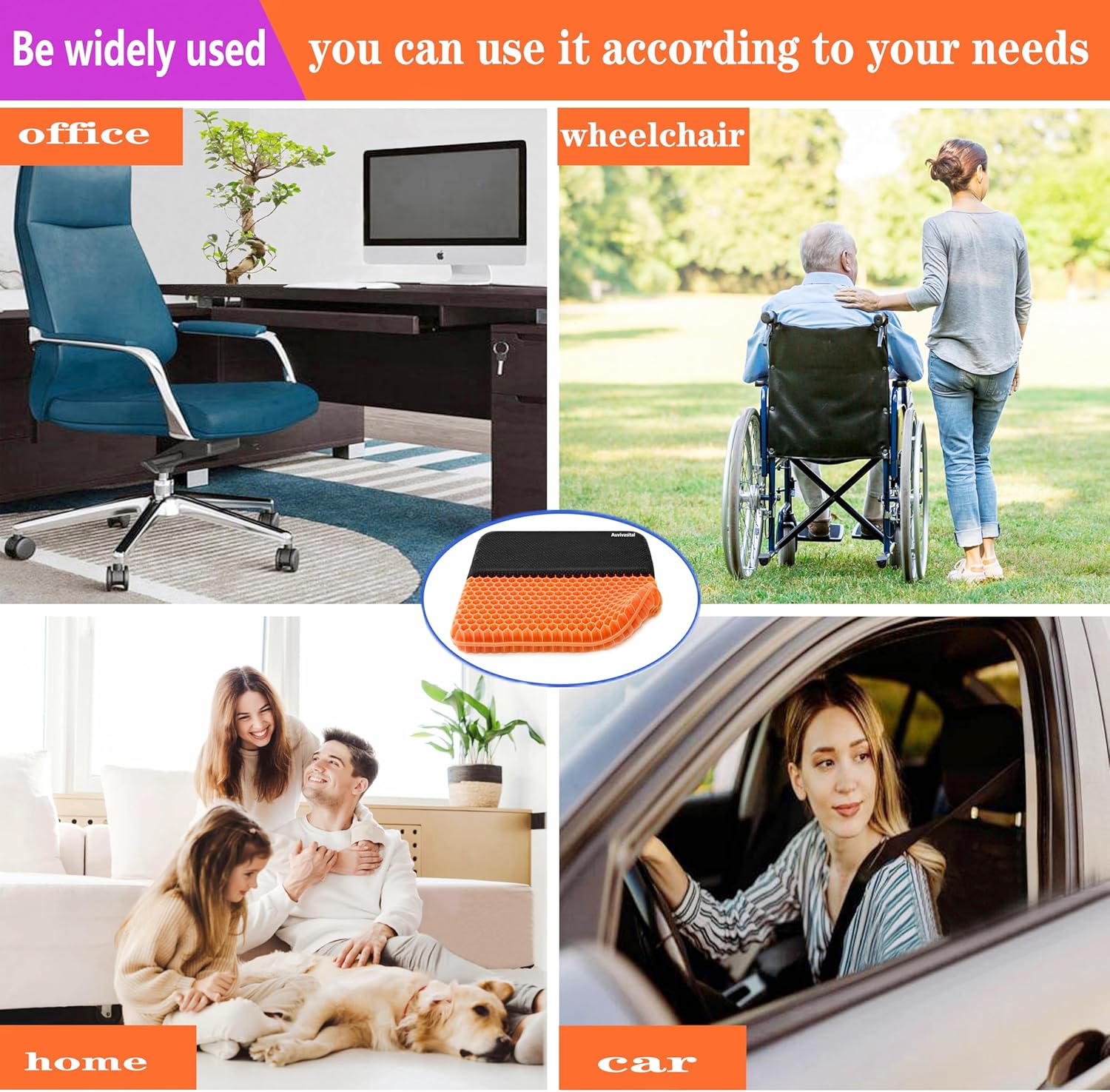 Extra Large Gel Seat Cushion for Long Sitting, Seat Cushion for Back, Hip, Sciatica, Tailbone Pain Relief, Use for The Office, Wheelchair, Car, Recliner, Truck, Stadium.(Orange)