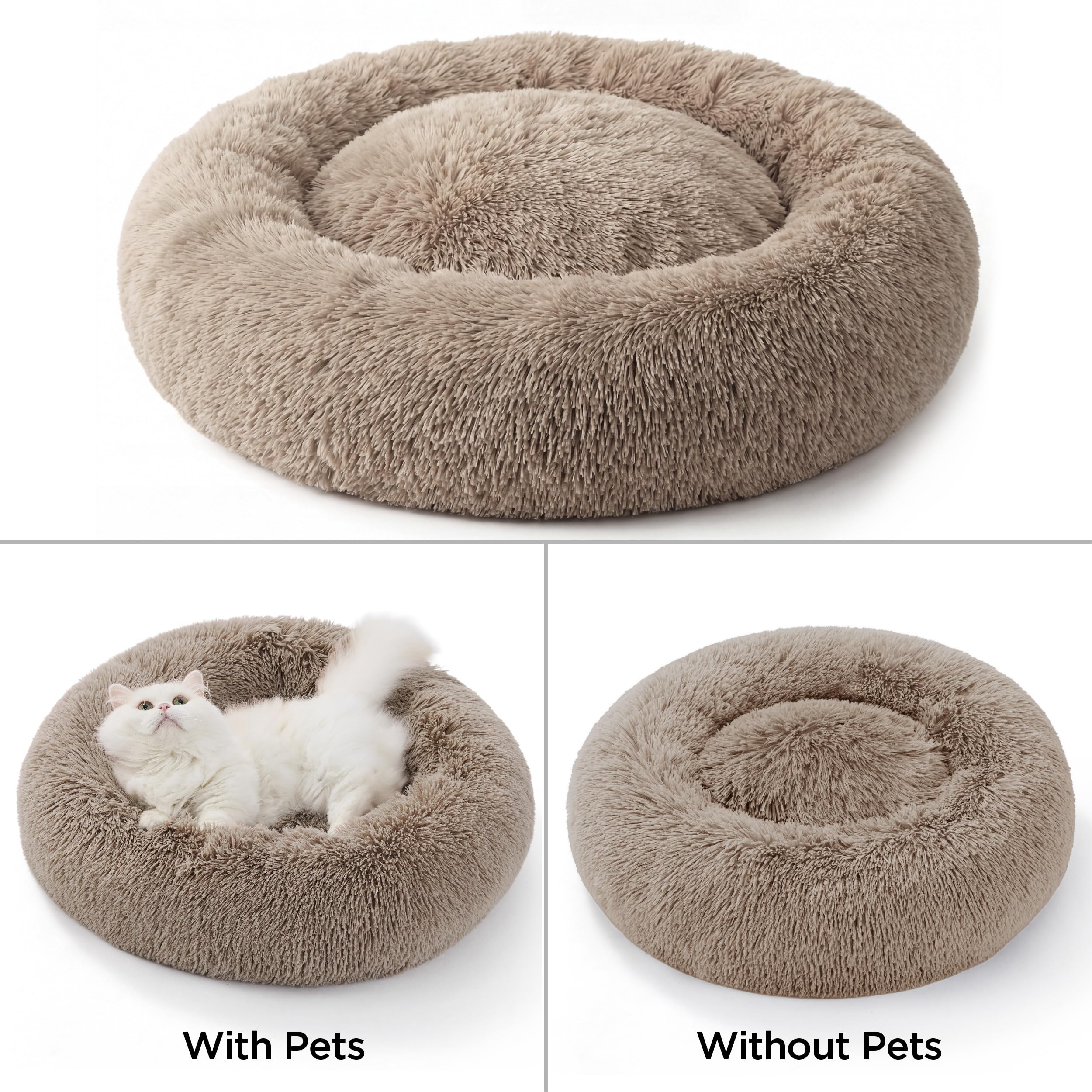 Bedsure Lit pour Chien Lavable - Ø 60 cm lit pour Chat Moelleux, Espace de Sommeil pour Chats et Petits Chiens, Coussin Rond en Peluche, lit Douillet, Camel