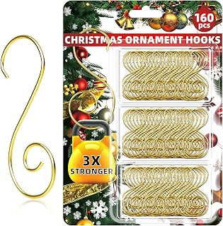 QAUYETM 160 Pack Gold S-Shaped Christmas Ornament Hooks with Storage Box - Sturdy Tree Hangers for Easy Holiday Decor
